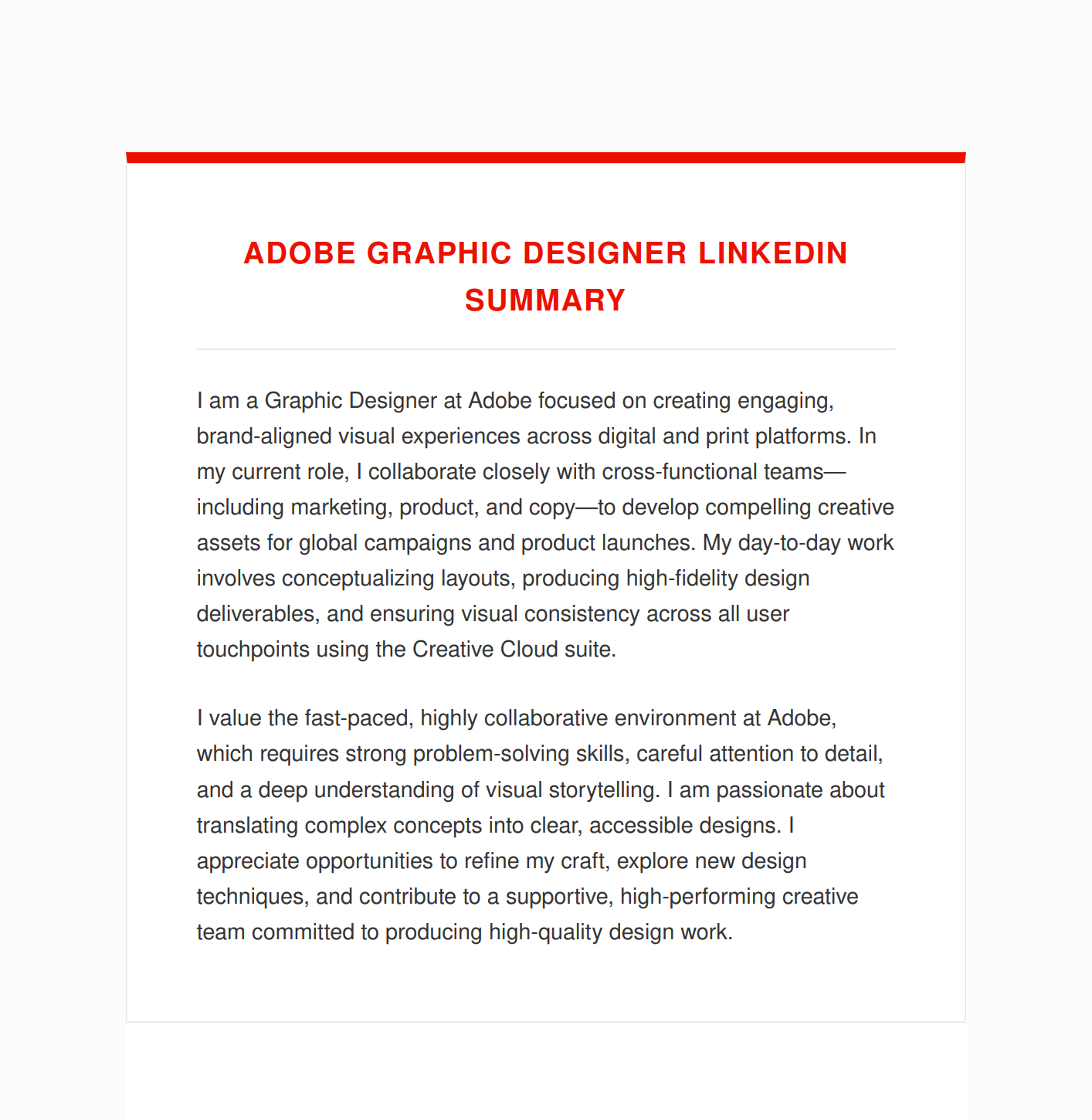 Adobe Graphic Designer LinkedIn Summary - Free AI LinkedIn Summary Generator, 50+ Real LinkedIn Summary Examples