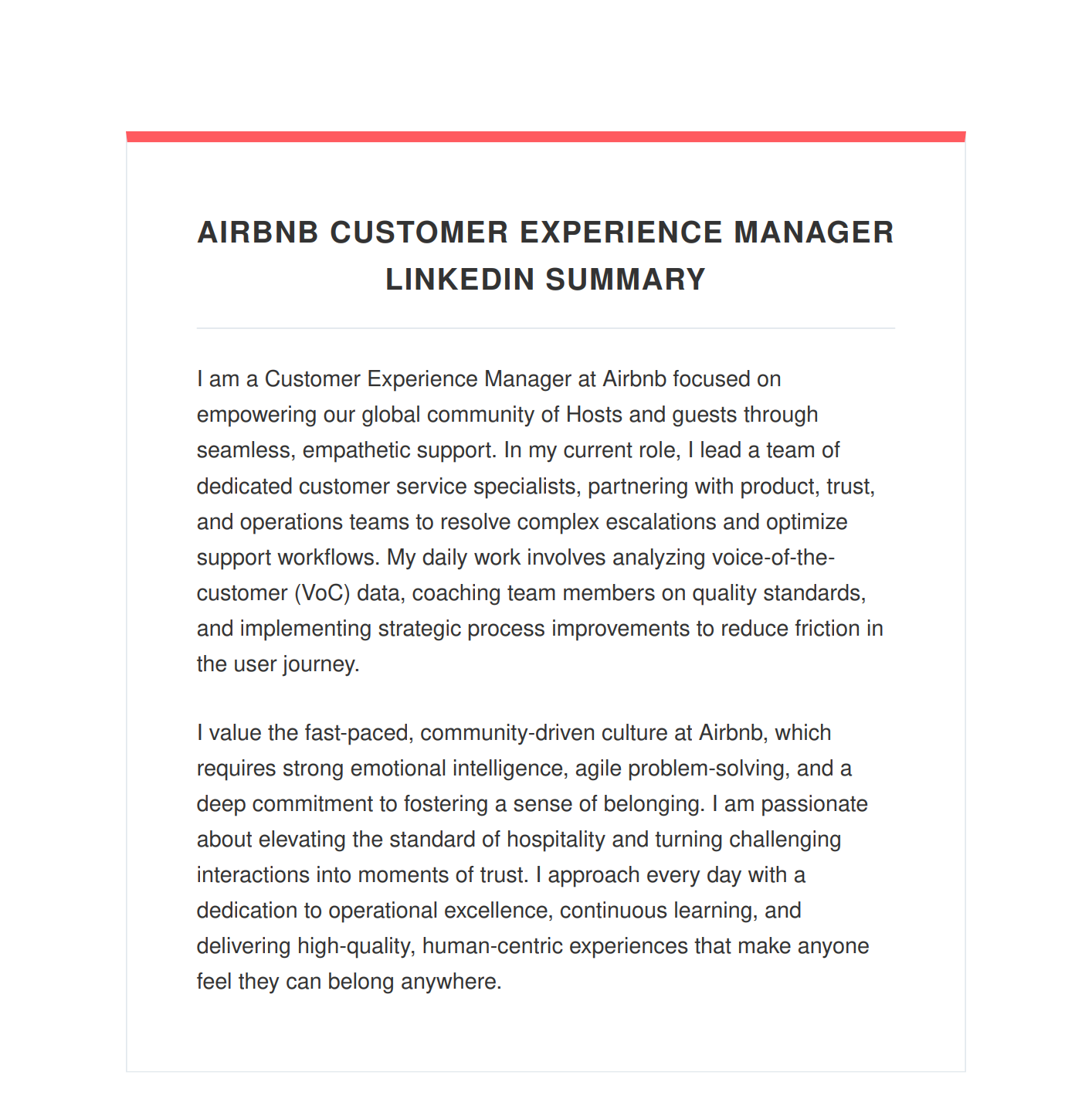 Airbnb Customer Experience Manager LinkedIn Summary - Free AI LinkedIn Summary Generator, 50+ Real LinkedIn Summary Examples