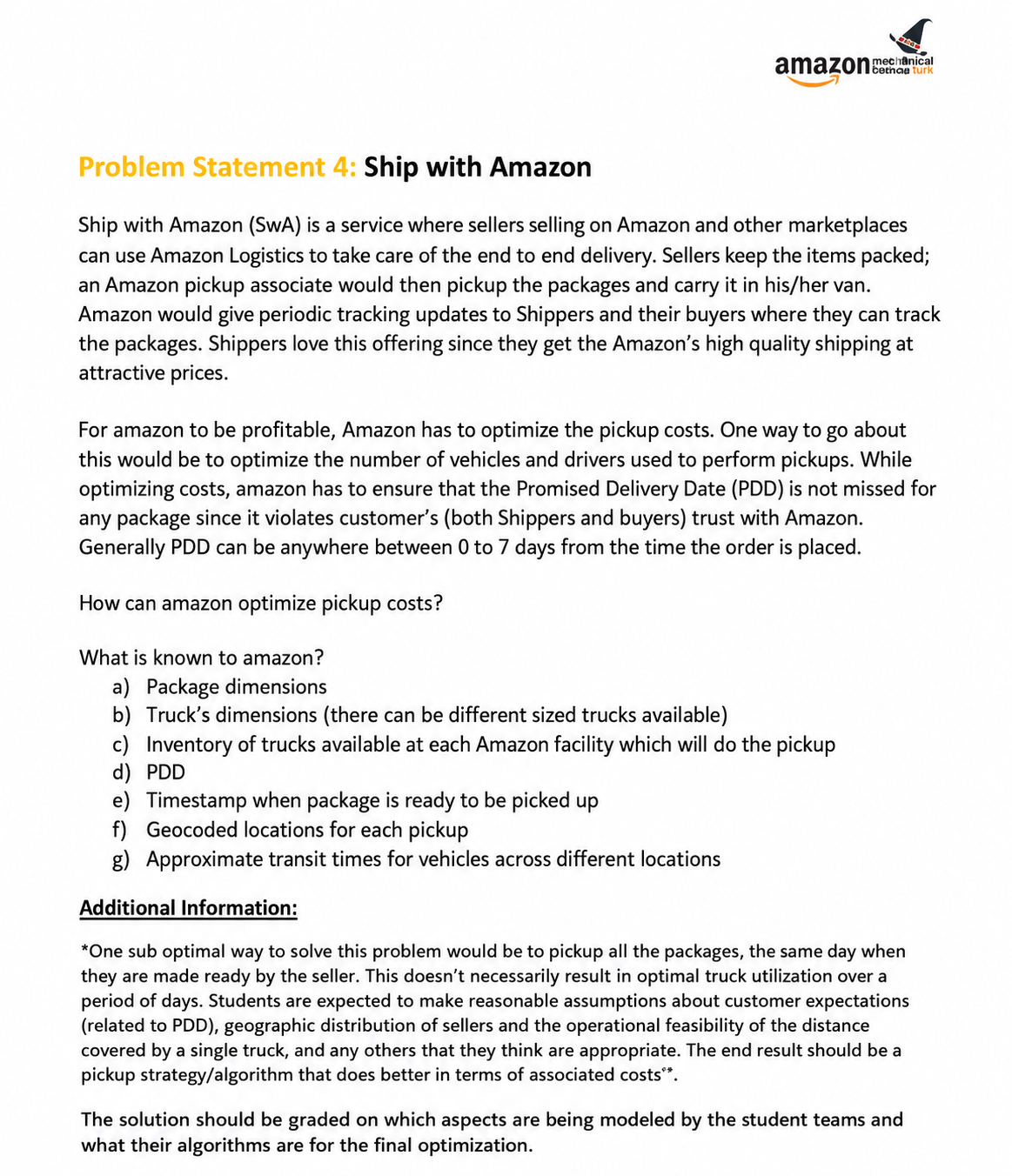 Amazon Pickup Cost Optimization Problem Statement - Free AI Problem Statement Generator, 50+Real Problem Statement Examples