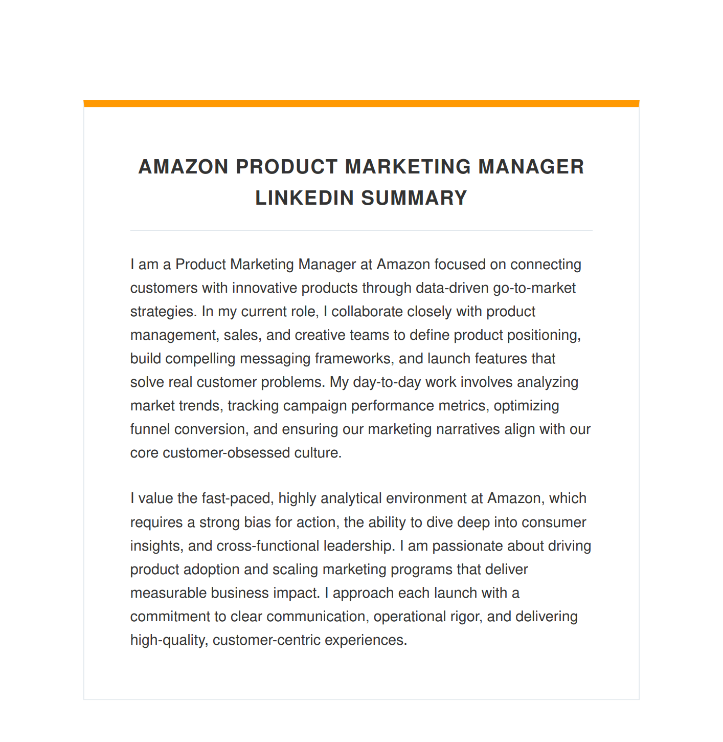 Amazon Product Marketing Manager LinkedIn Summary - Free AI LinkedIn Summary Generator, 50+ Real LinkedIn Summary Examples