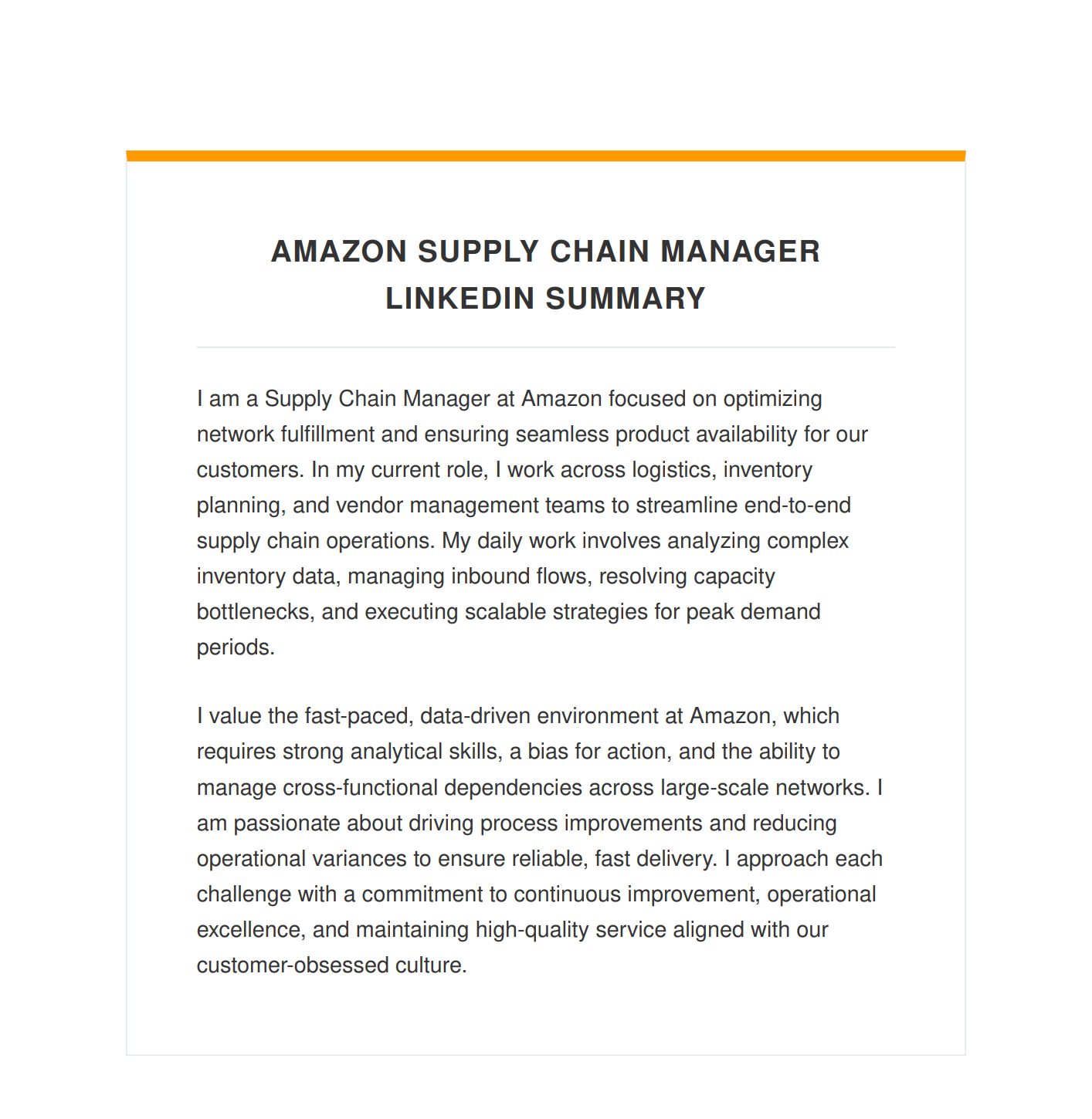 Amazon Supply Chain Manager LinkedIn Summary - Free AI LinkedIn Summary Generator, 50+ Real LinkedIn Summary Examples