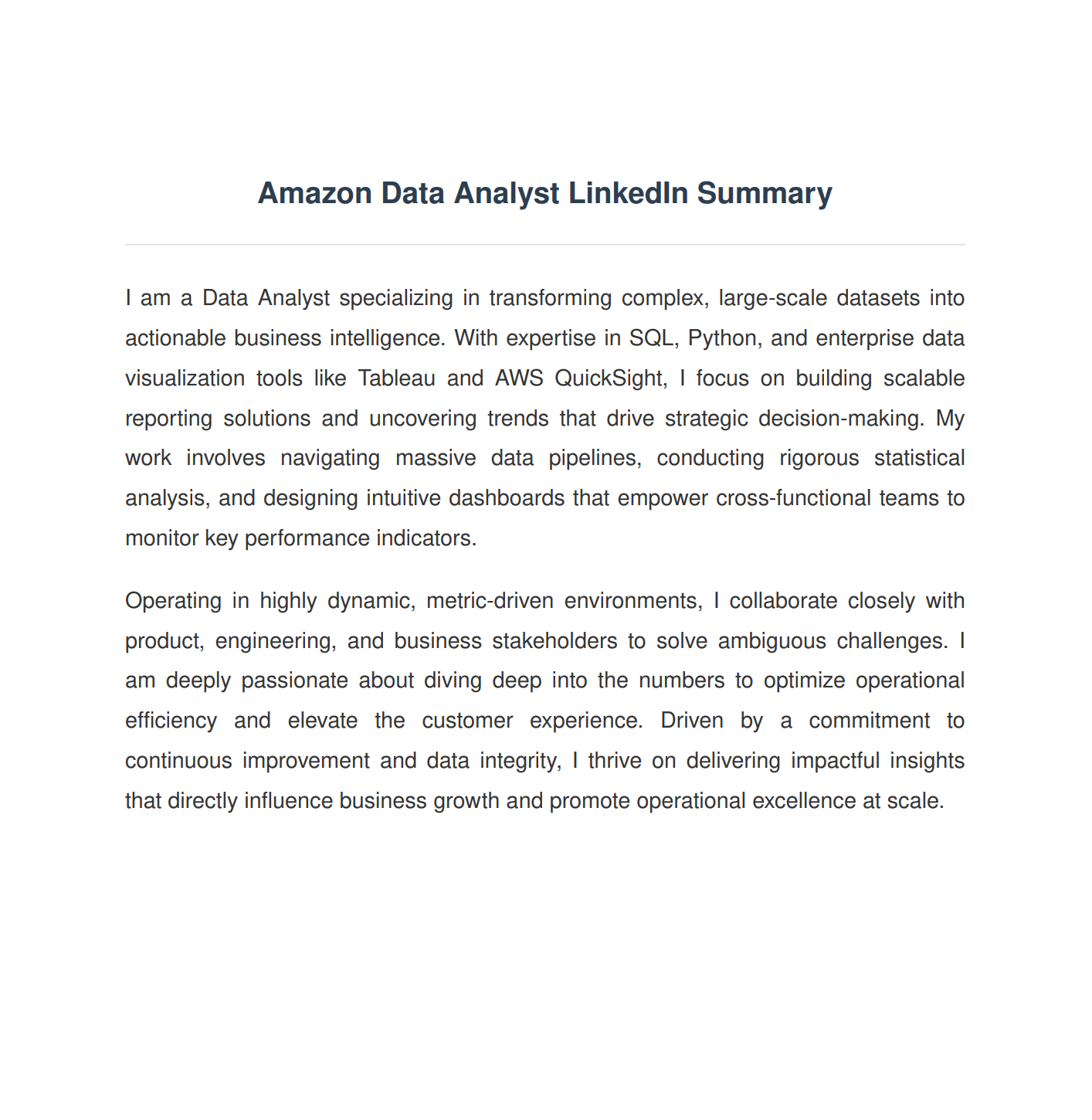 Amazon Data Analyst LinkedIn Summary - Free AI LinkedIn Summary Generator, 50+ Real LinkedIn Summary Examples