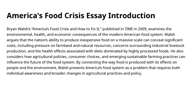 America's Food Crisis Essay Introduction - Free AI Essay Introduction Generator, 50+ Real Essay Introduction Examples