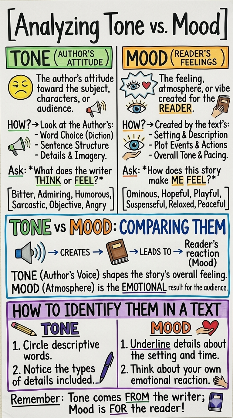 Analyzing Tone vs. Mood Anchor Chart for 8th Grade Literature - Free AI Anchor Chart Generator, 50+ Real Anchor Chart Examples