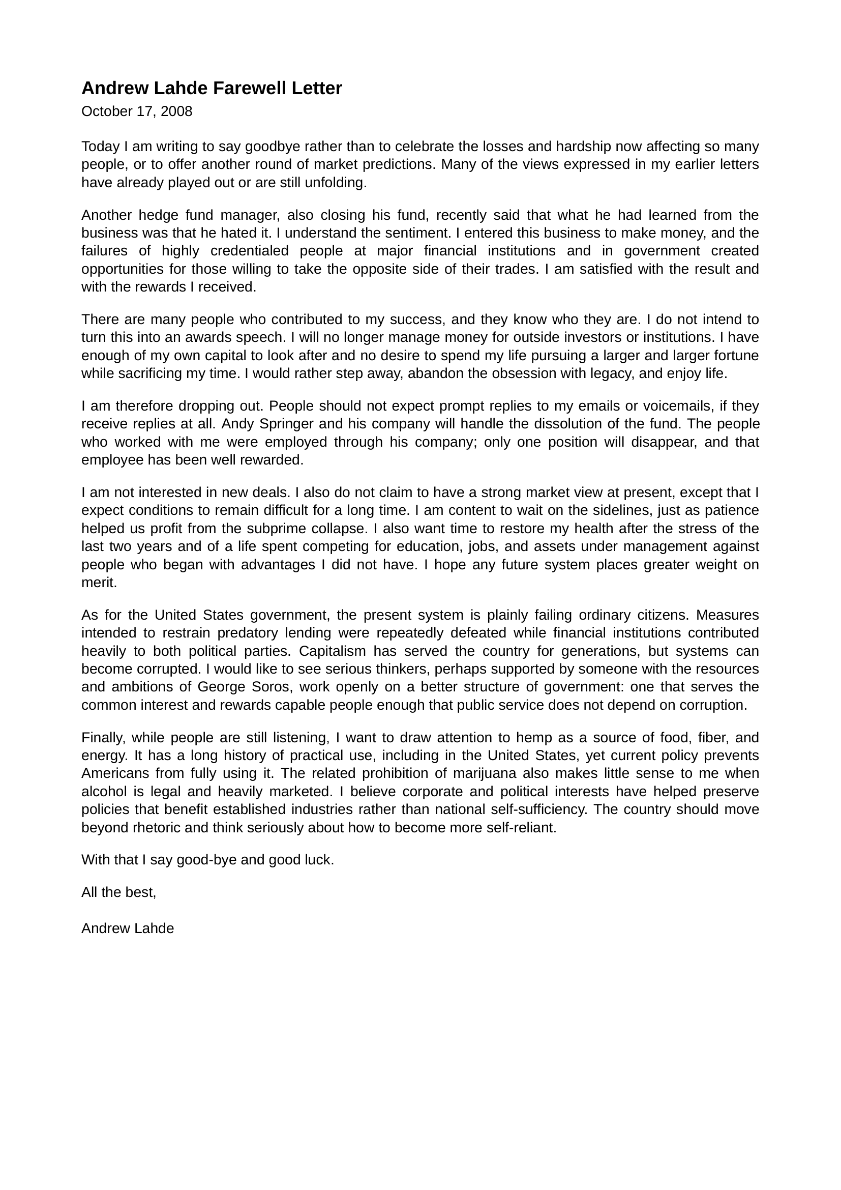 Andrew Lahde Resignation Letter from Lahde Capital Management - Free AI Resignation Letter Generator, 50+ Real Resignation Letter Examples