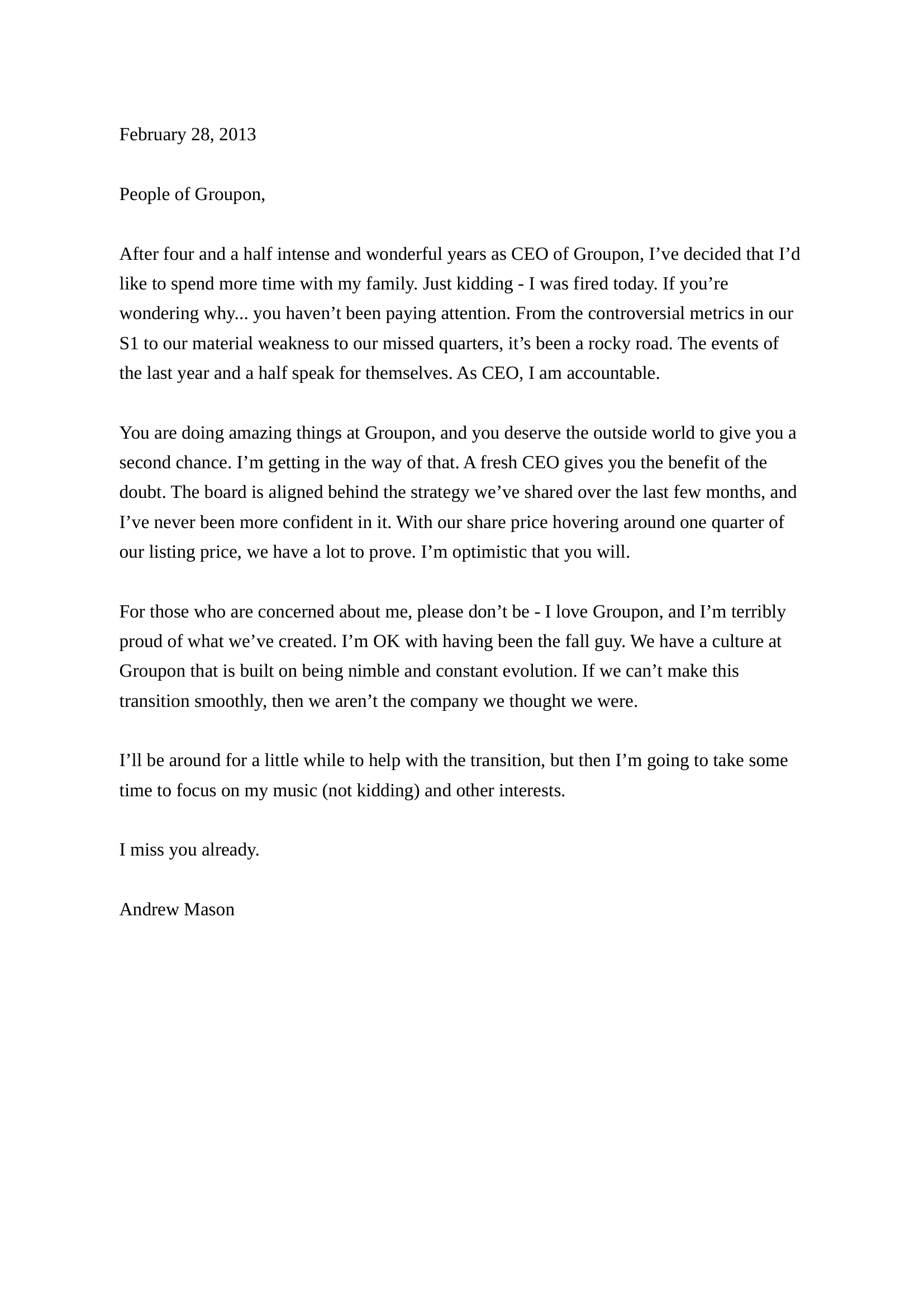 Andrew Mason Resignation Letter from Groupon - Free AI Resignation Letter Generator, 50+ Real Resignation Letter Examples