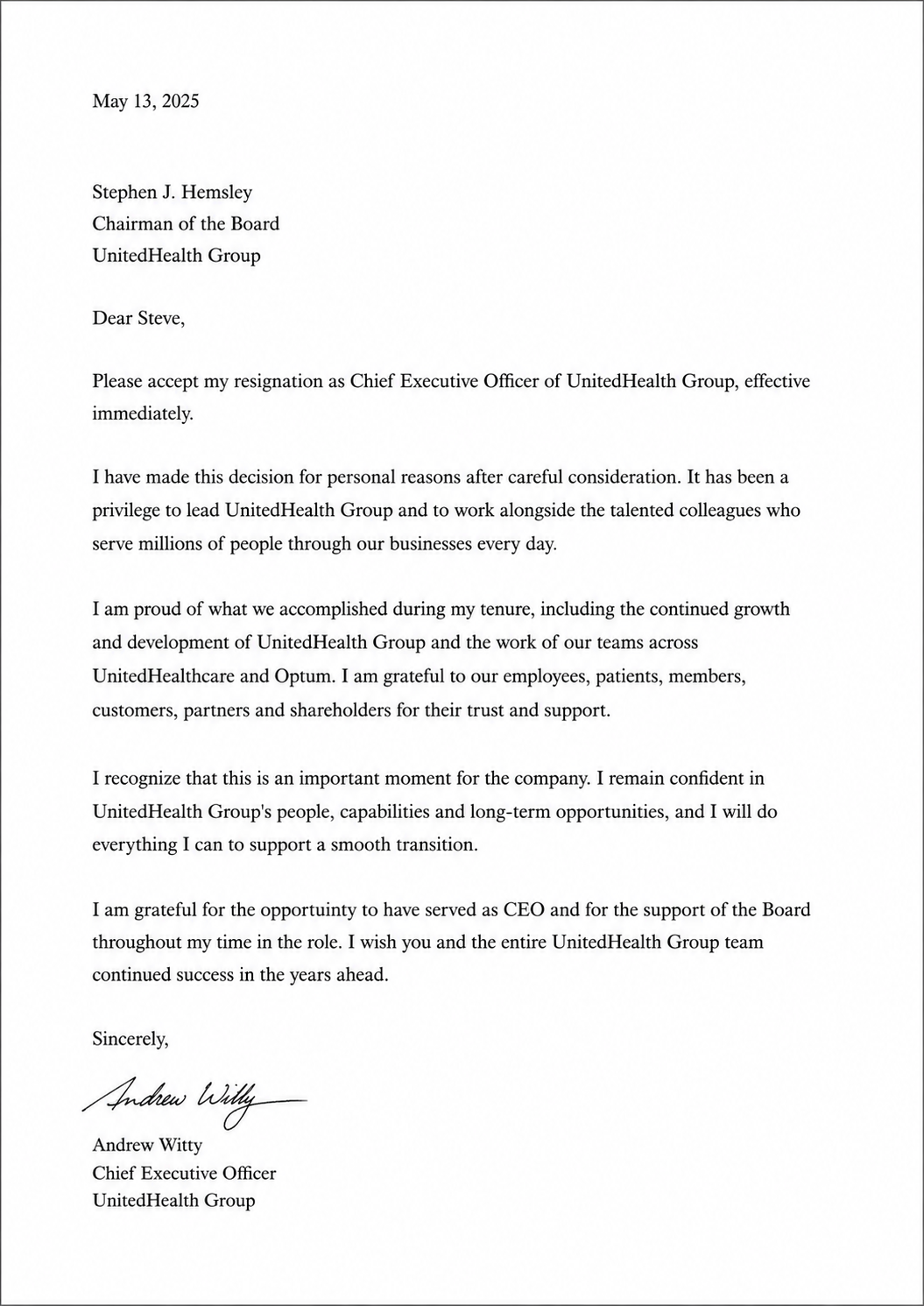 Andrew Witty Resignation from UnitedHealth Group - Free AI Resignation Letter Generator, 50+ Real Resignation Letter Examples