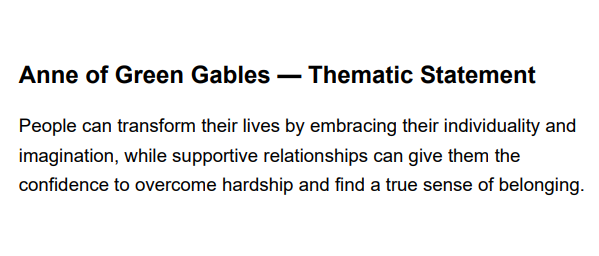 Anne of Green Gables Thematic Statement - Free AI Thematic Statement Generator, 50+ Real Thematic Statement Examples