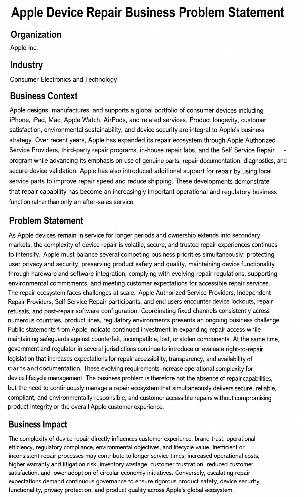 Apple Device Repair Problem Statement - Free AI Problem Statement Generator, 50+Real Problem Statement Examples