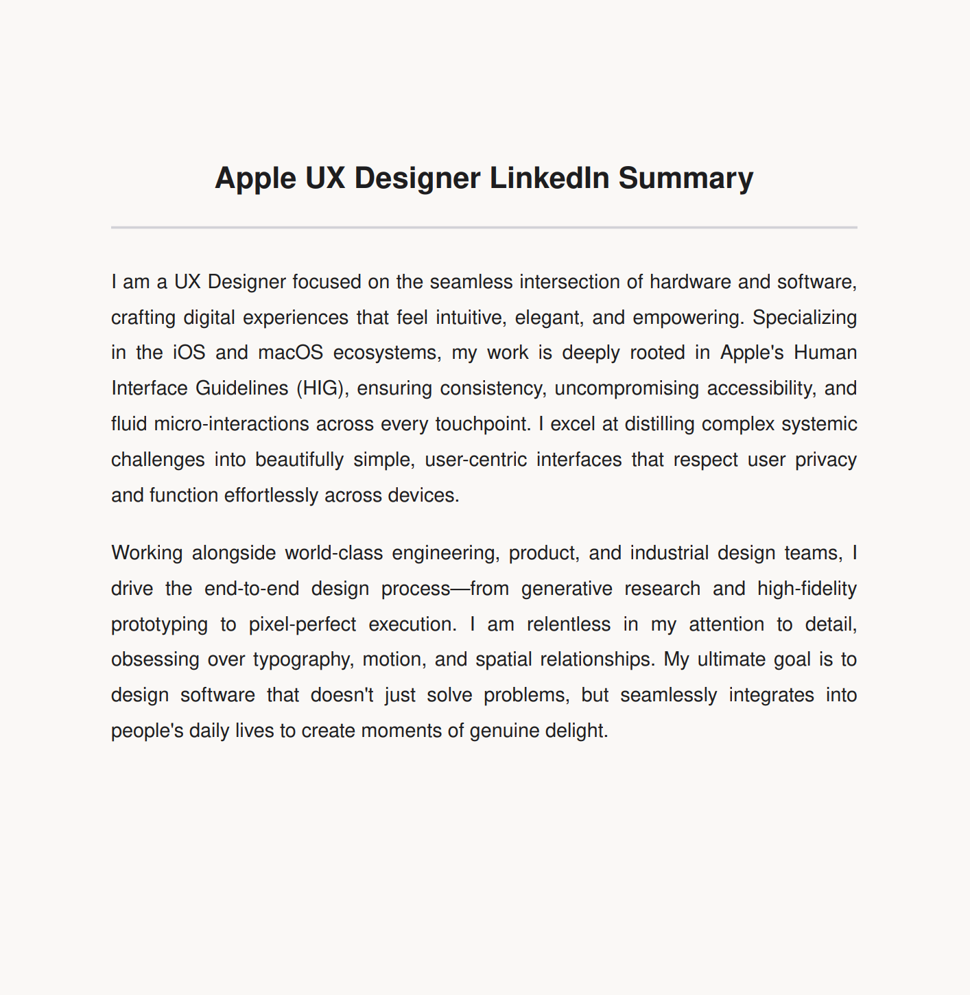 Apple UX Designer LinkedIn Summary - Free AI LinkedIn Summary Generator, 50+ Real LinkedIn Summary Examples