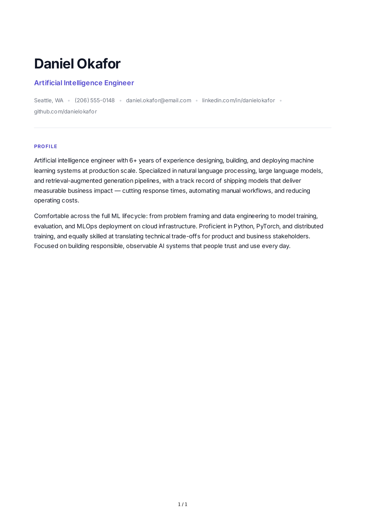 Artificial Intelligence Engineer Resume Profile - Free AI Resume Profile Generator, 50+ Real Resume Profile Examples