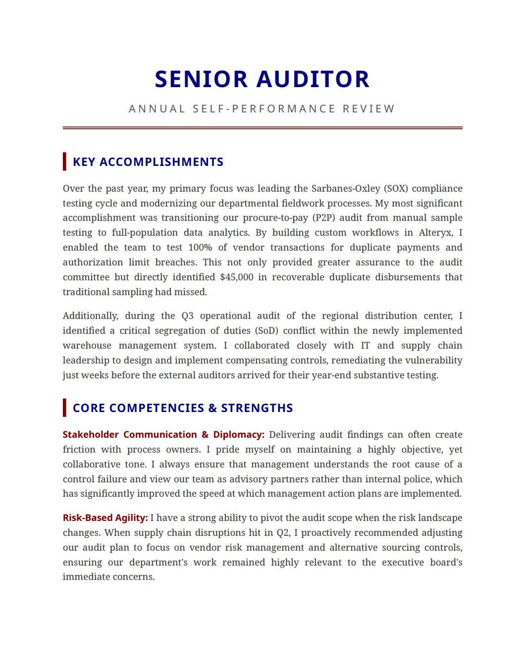 Auditor Self Performance Review - Free AI Self Performance Review Generator, 50+ Real Self Performance Review Examples