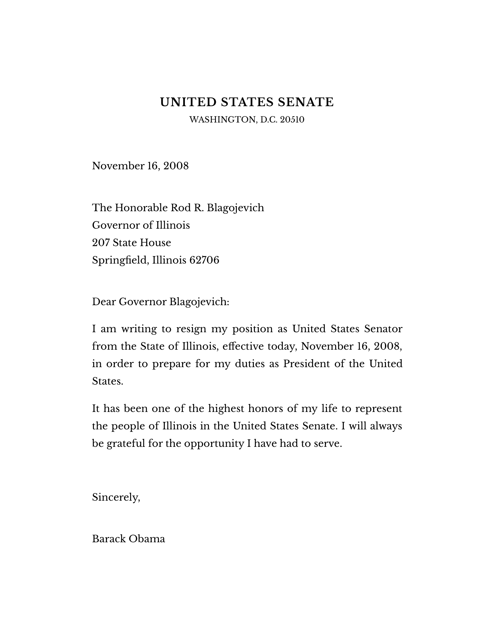 Barack Obama Resignation Letter from the U.S. Senate - Free AI Resignation Letter Generator, 50+ Real Resignation Letter Examples