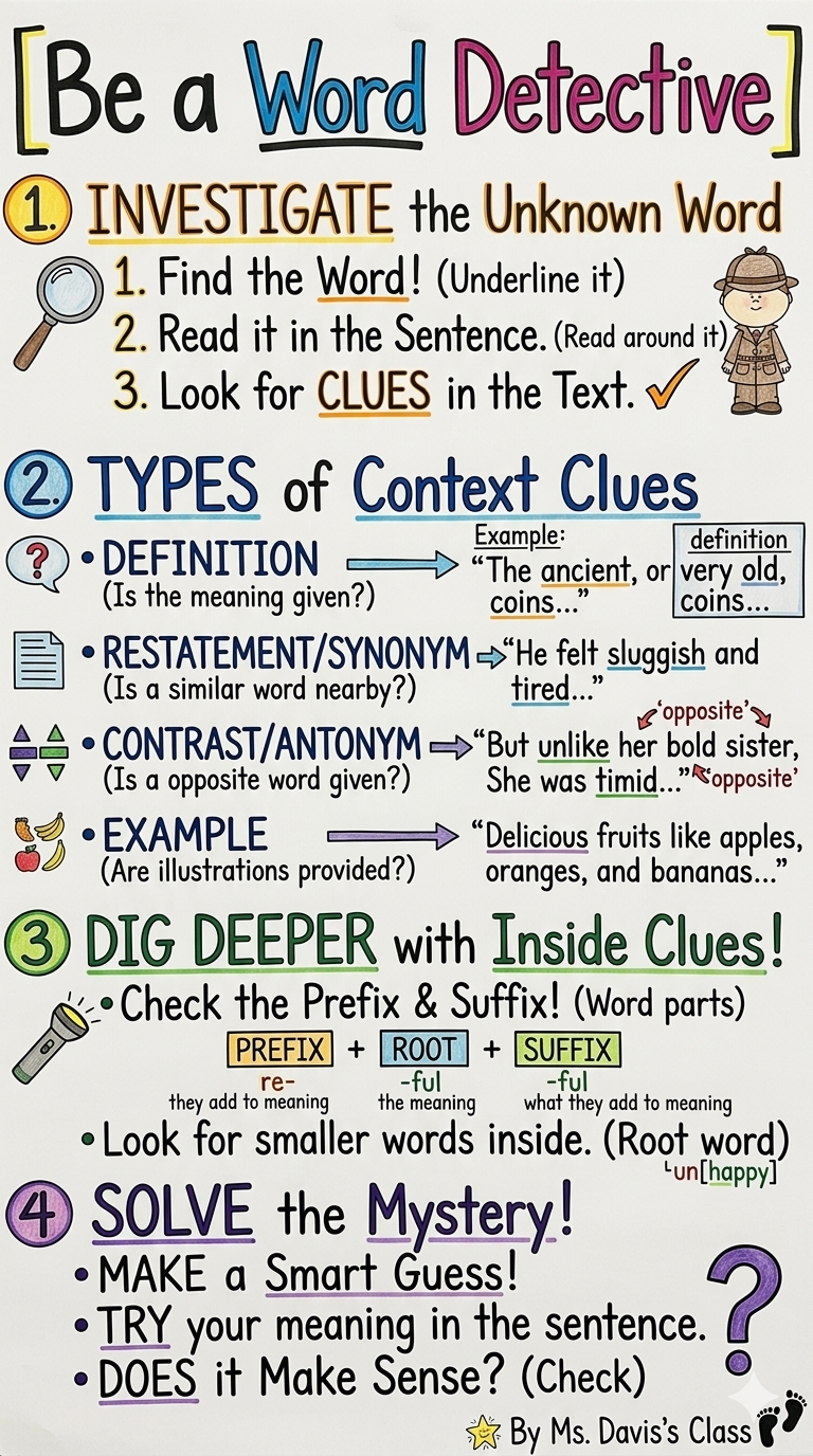 Be a Word Detective Anchor Chart for 3rd Grade Vocabulary - Free AI Anchor Chart Generator, 50+ Real Anchor Chart Examples