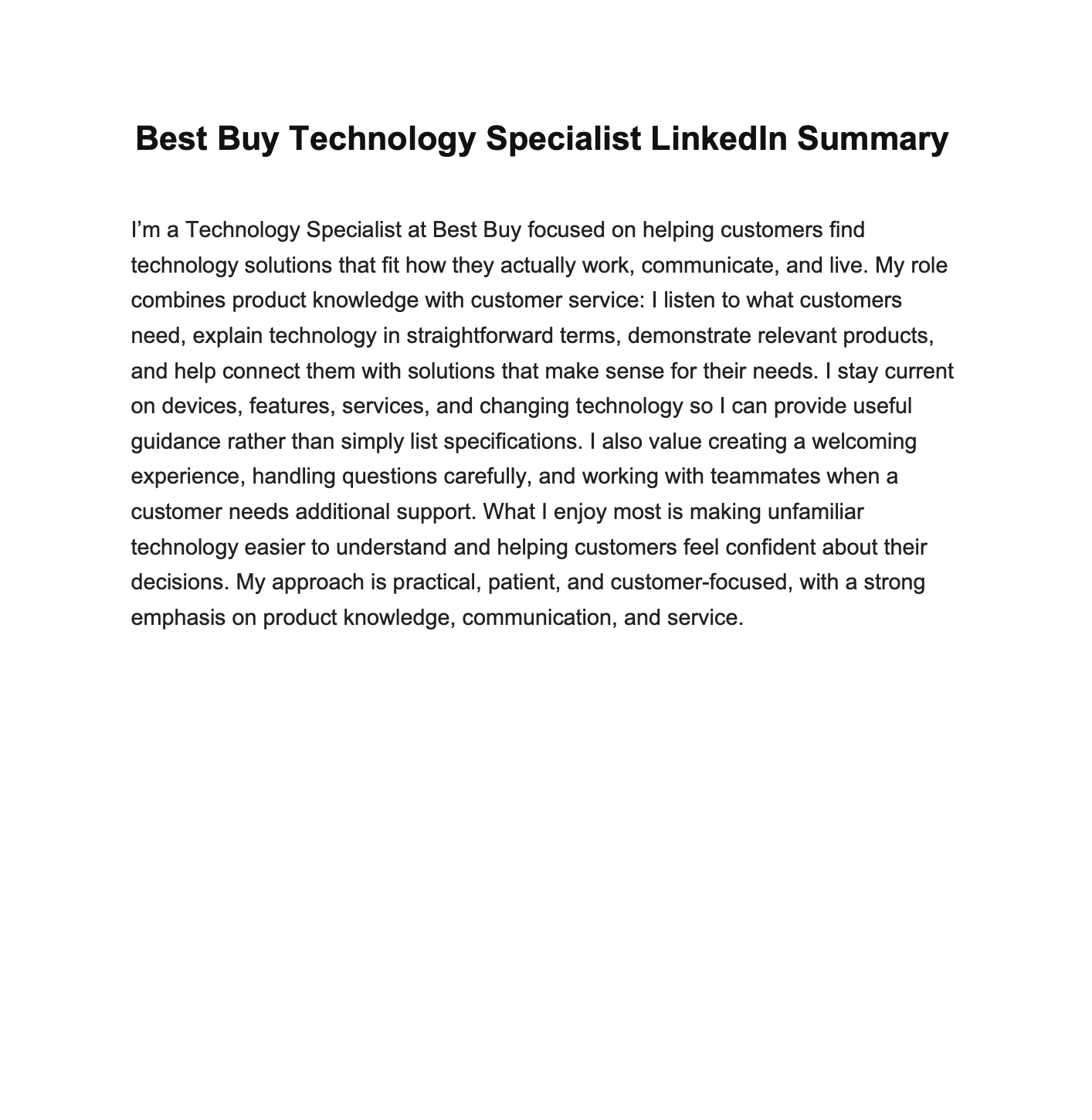 Best Buy Technology Specialist LinkedIn Summary - Free AI LinkedIn Summary Generator, 50+ Real LinkedIn Summary Examples