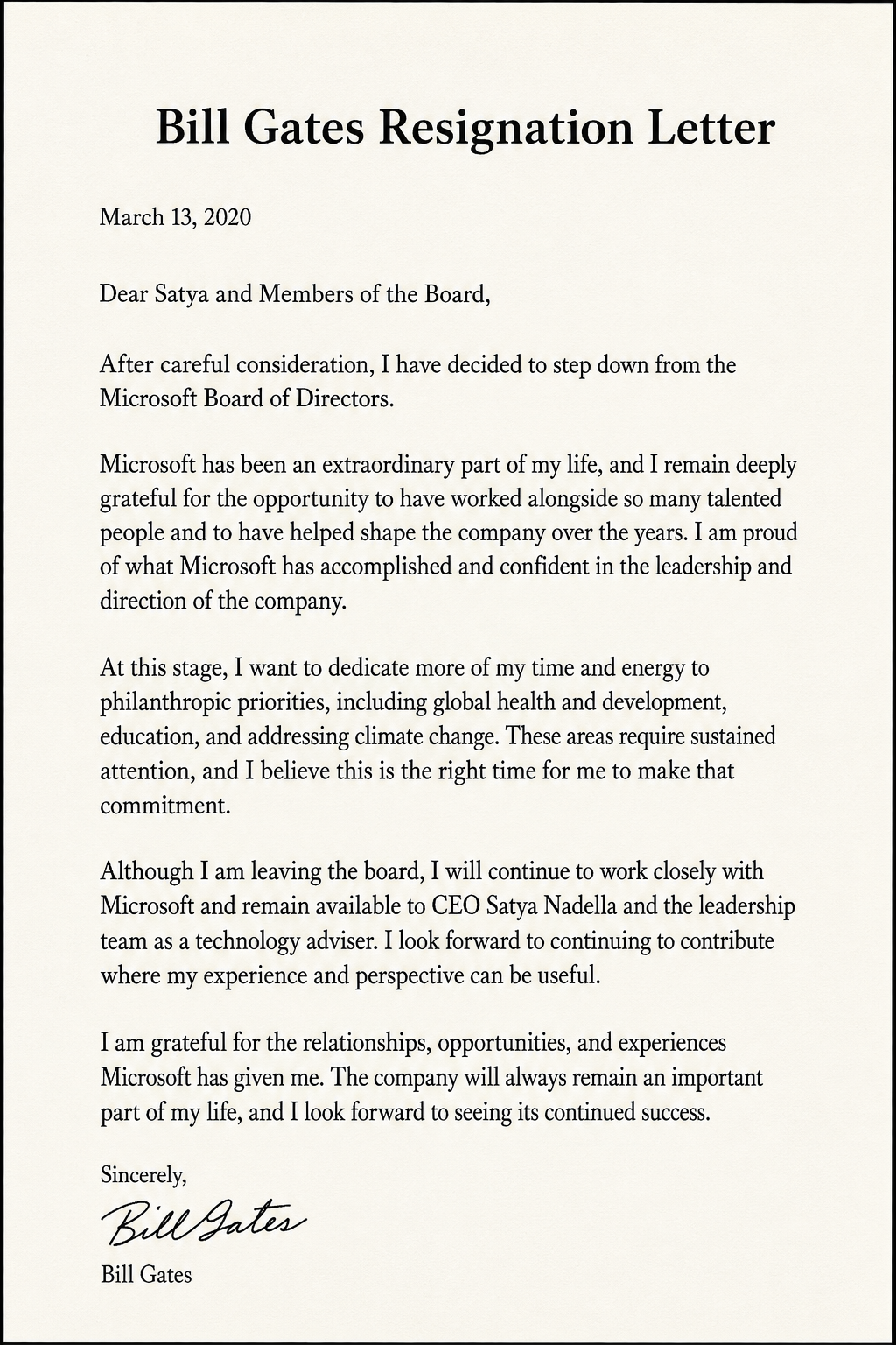 Bill Gates Resignation from Microsoft Board - Free AI Resignation Letter Generator, 50+ Real Resignation Letter Examples