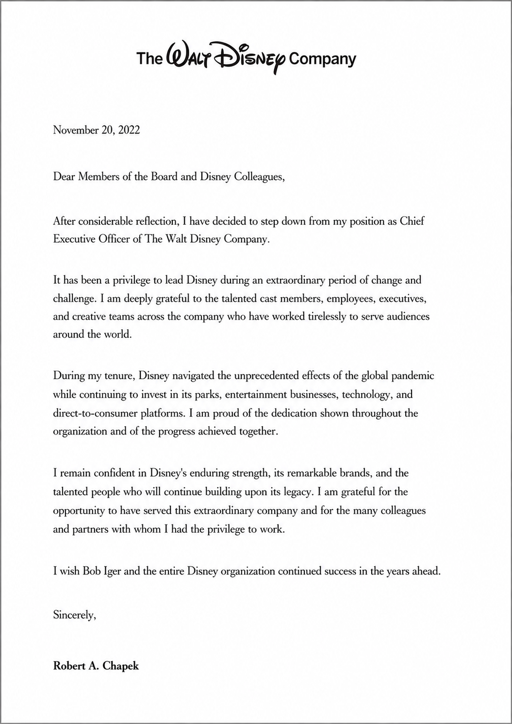 Bob Chapek Departure from The Walt Disney Company - Free AI Resignation Letter Generator, 50+ Real Resignation Letter Examples