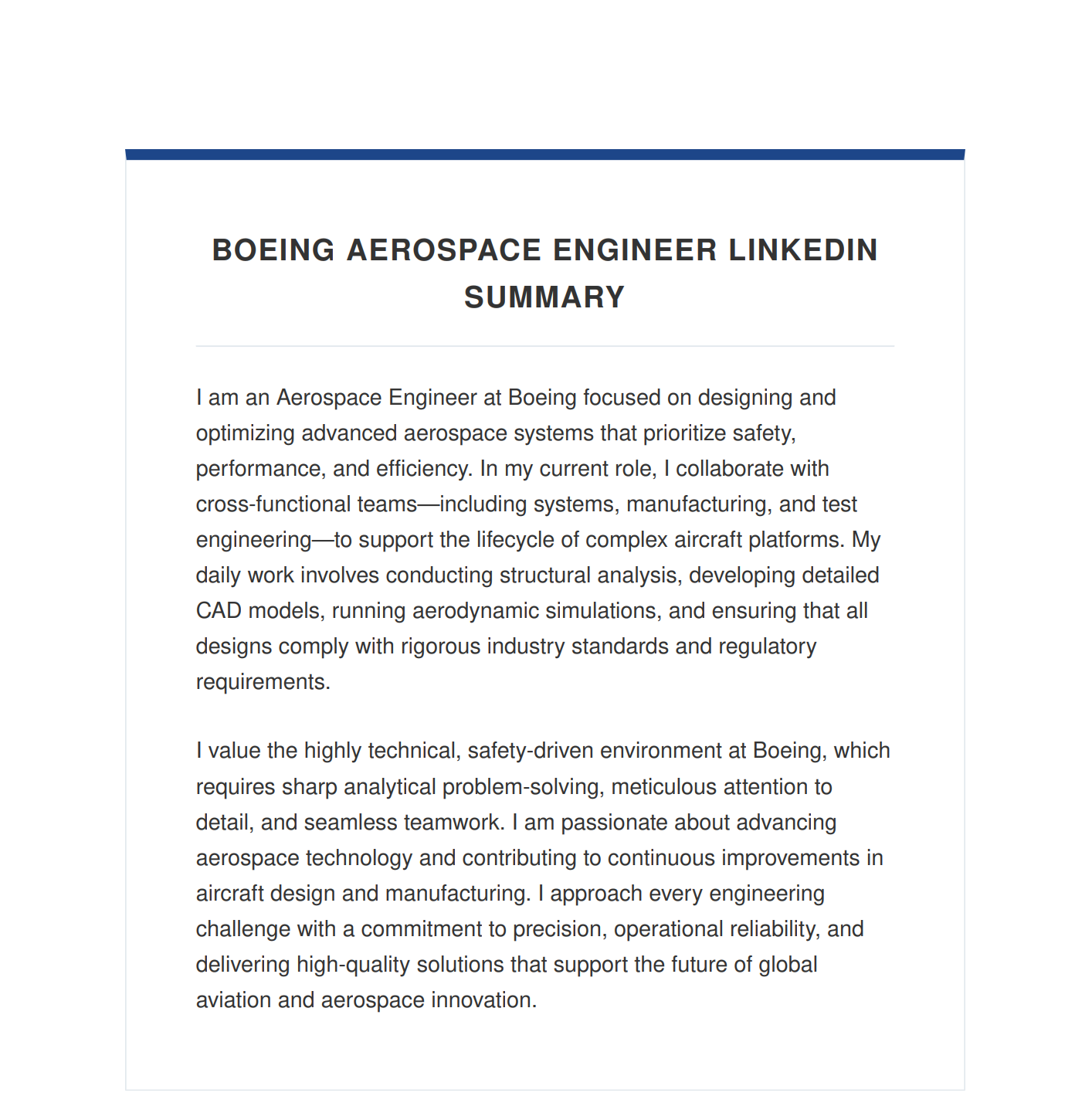 Boeing Aerospace Engineer LinkedIn Summary - Free AI LinkedIn Summary Generator, 50+ Real LinkedIn Summary Examples