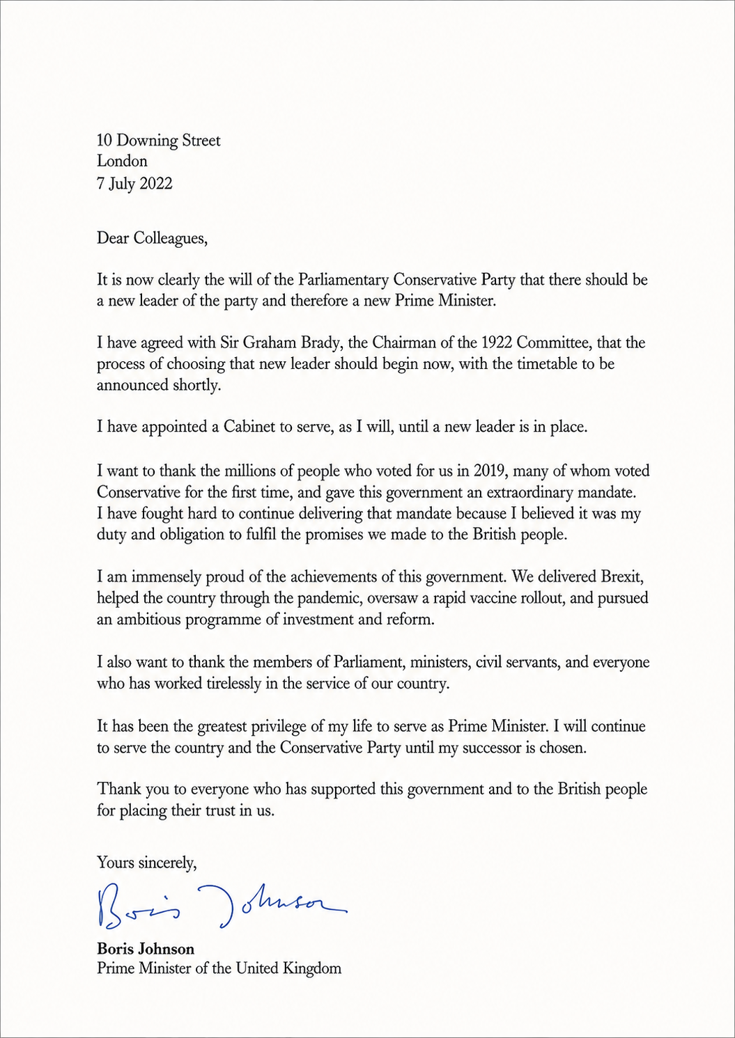Boris Johnson Resignation Letter as Prime Minister of the United Kingdom - Free AI Resignation Letter Generator, 50+ Real Resignation Letter Examples