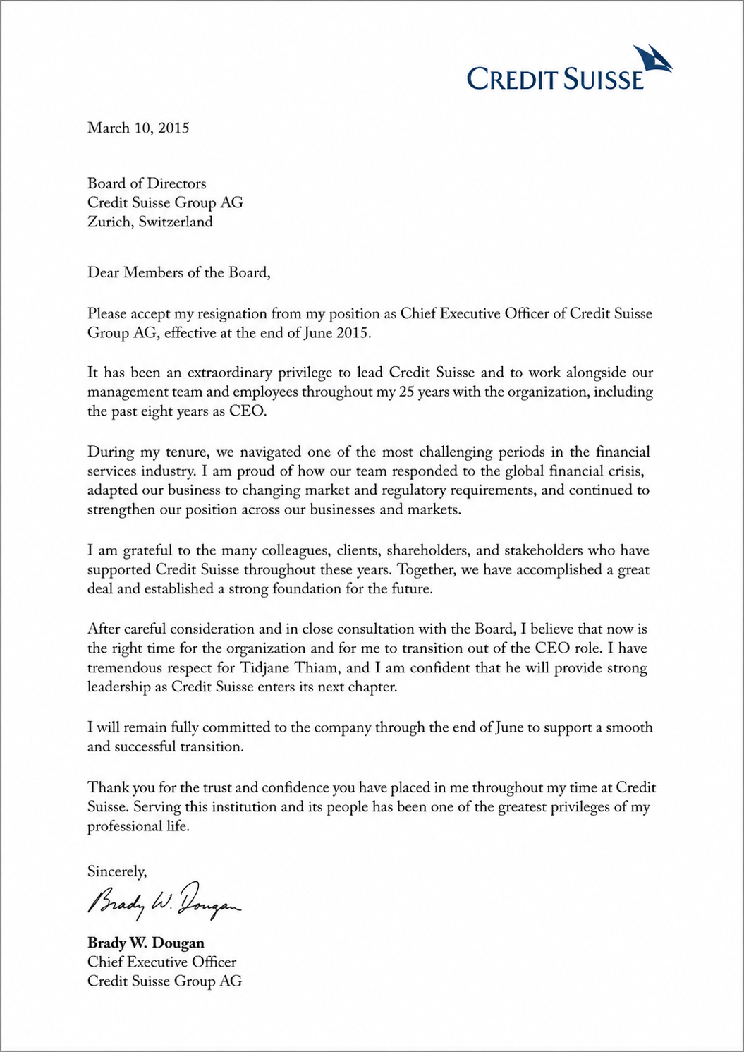 Brady Dougan Resignation Letter from Credit Suisse - Free AI Resignation Letter Generator, 50+ Real Resignation Letter Examples
