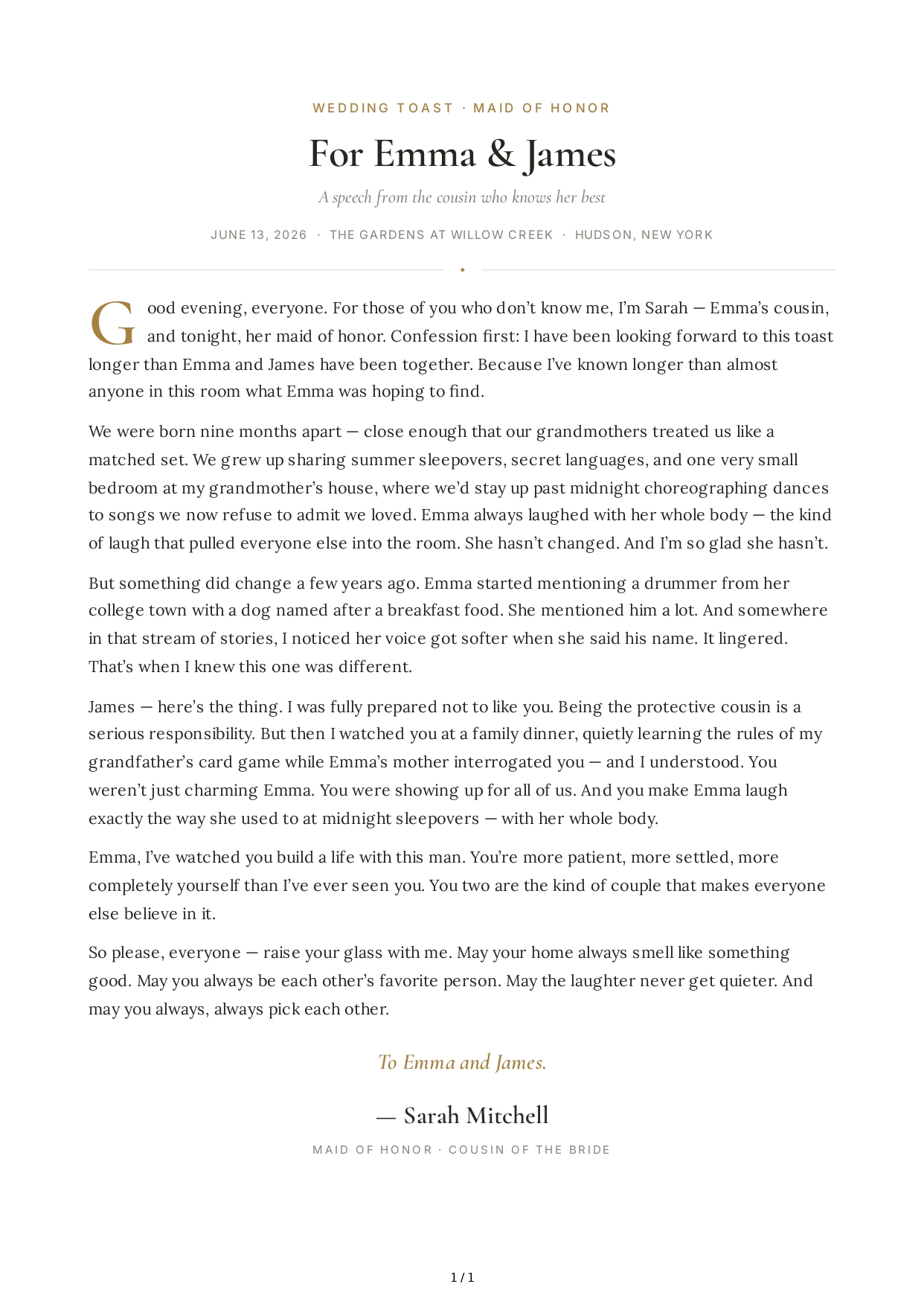 Bride's Cousin Maid of Honor Speech - Free AI Maid of Honor Speech Generator, 50+ Real Maid of Honor Speech Examples