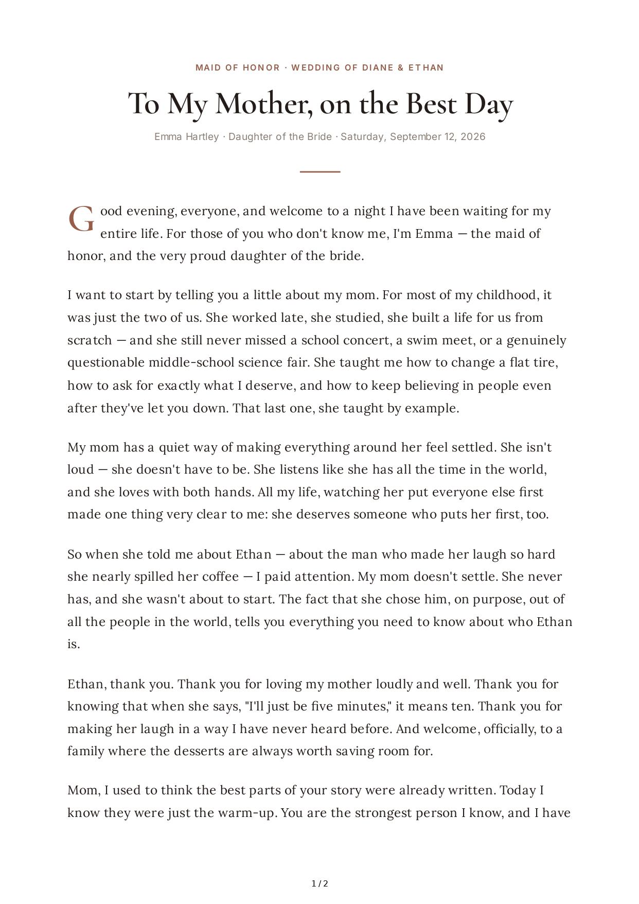 Bride's Daughter Maid of Honor Speech - Free AI Maid of Honor Speech Generator, 50+ Real Maid of Honor Speech Examples