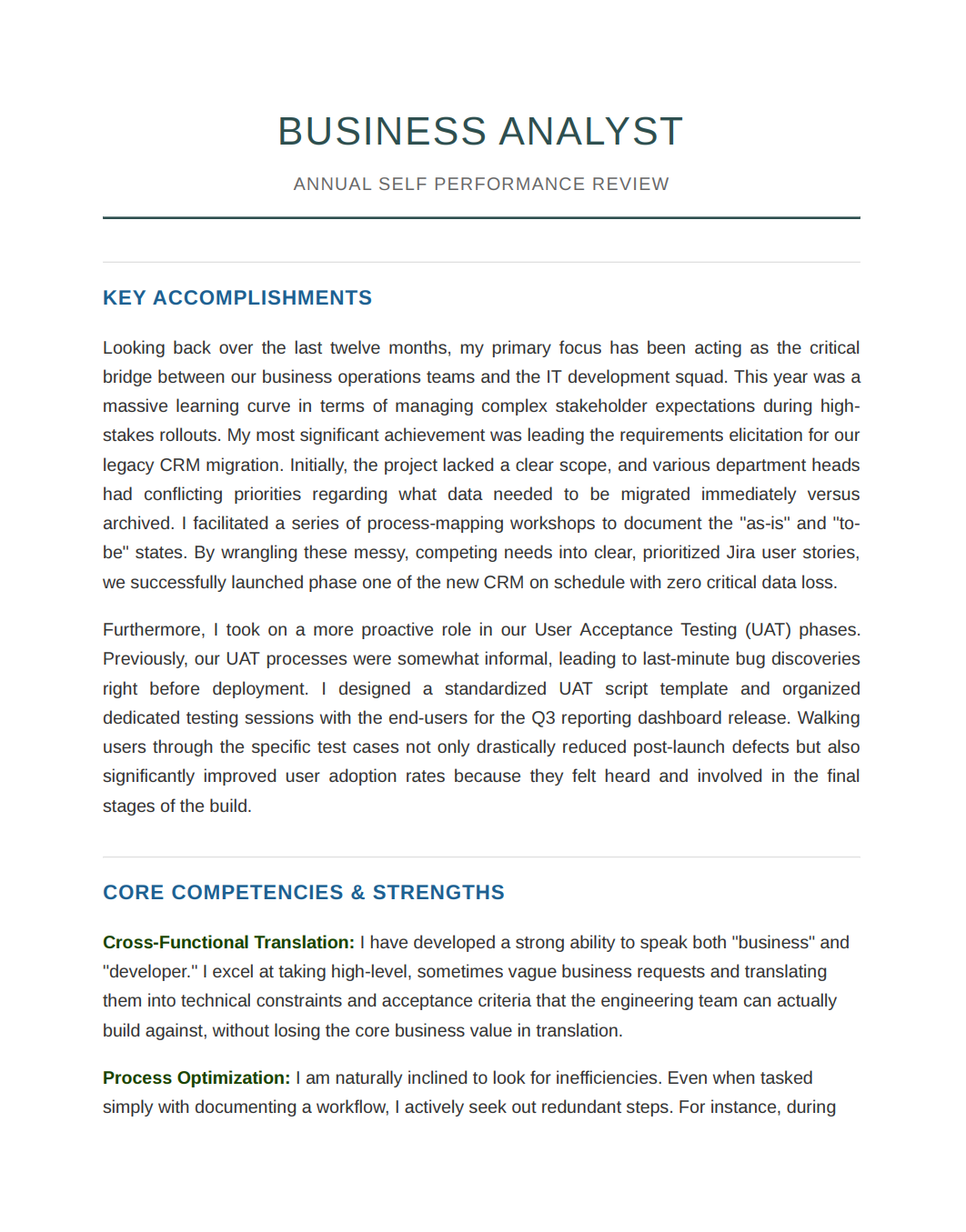 Business Analyst Self Performance Review - Free AI Self Performance Review Generator, 50+ Real Self Performance Review Examples
