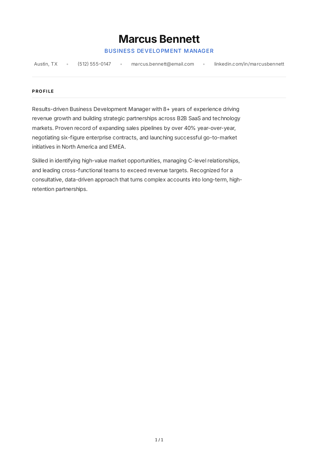 Business Development Manager Resume Profile - Free AI Resume Profile Generator, 50+ Real Resume Profile Examples