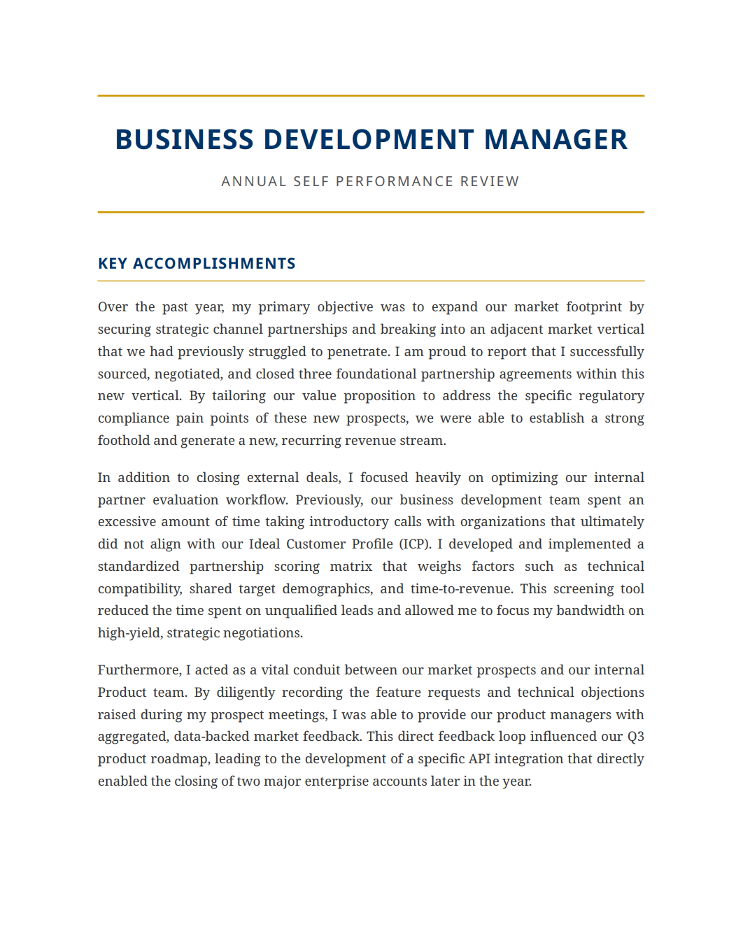 Business Development Manager Self Performance Review - Free AI Self Performance Review Generator, 50+ Real Self Performance Review Examples