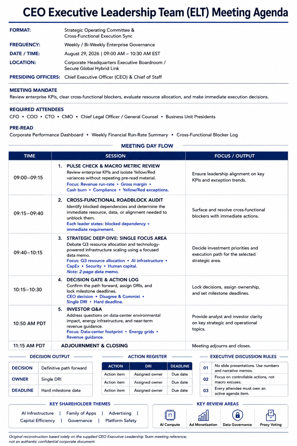 CEO Executive Leadership Team (ELT) Meeting Agenda - Free AI Meeting Agenda Generator, 50+ Real Meeting Agenda Examples