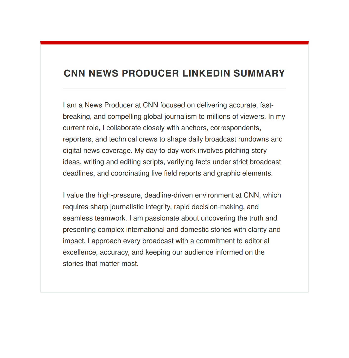 CNN News Producer LinkedIn Summary - Free AI LinkedIn Summary Generator, 50+ Real LinkedIn Summary Examples