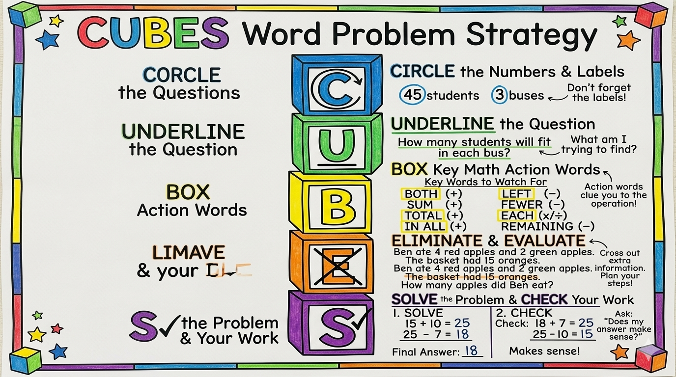 CUBES Word Problem Strategy Anchor Chart for 3rd–5th Grade Math - Free AI Anchor Chart Generator, 50+ Real Anchor Chart Examples