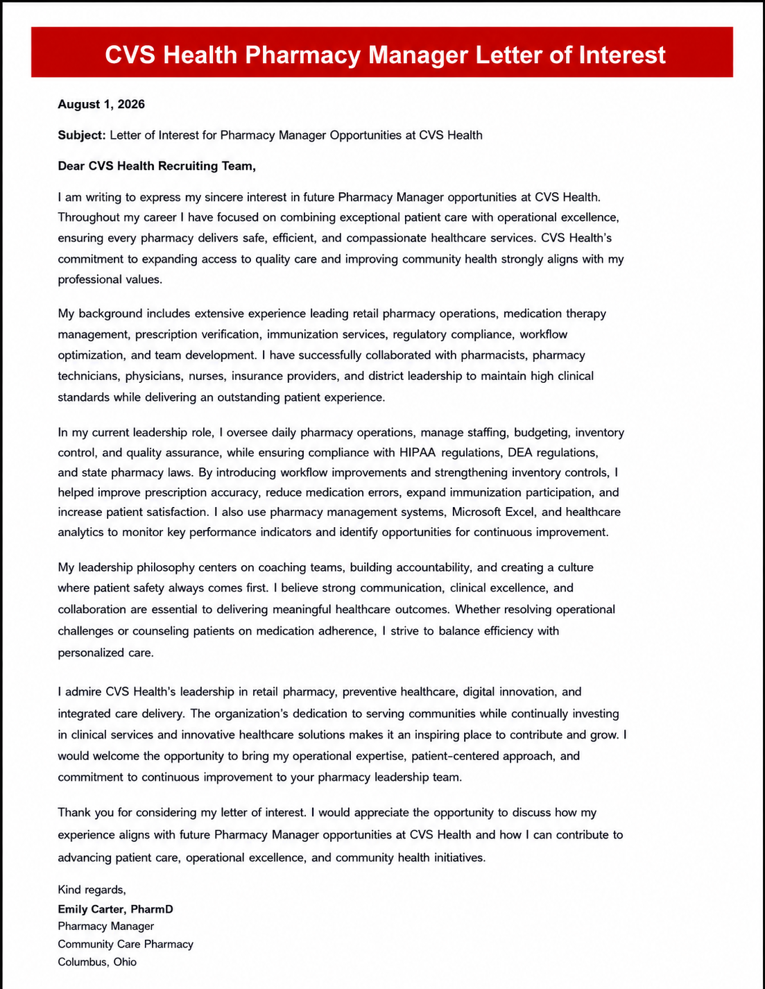 CVS Health Pharmacy Manager Letter of Interest - Free AI Letter of Interest Generator, 50+ Real Letter of Interest Examples