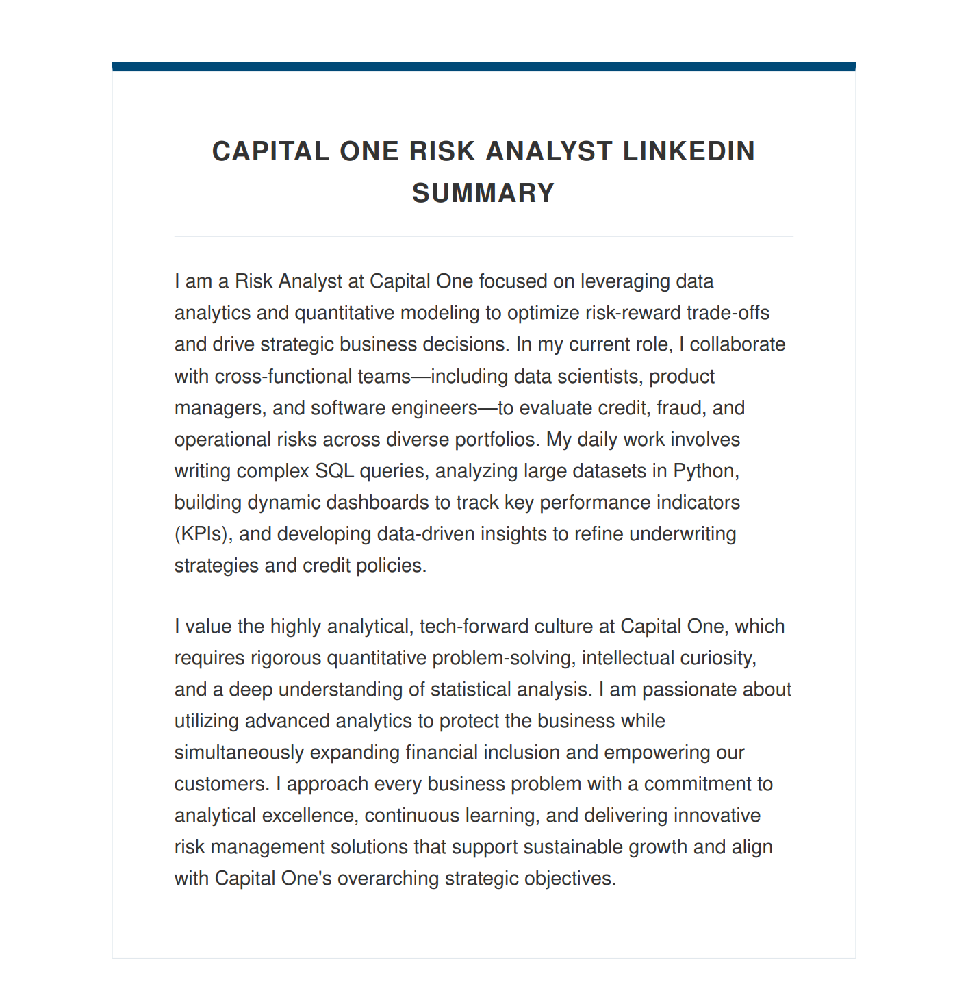 Capital One Risk Analyst LinkedIn Summary - Free AI LinkedIn Summary Generator, 50+ Real LinkedIn Summary Examples