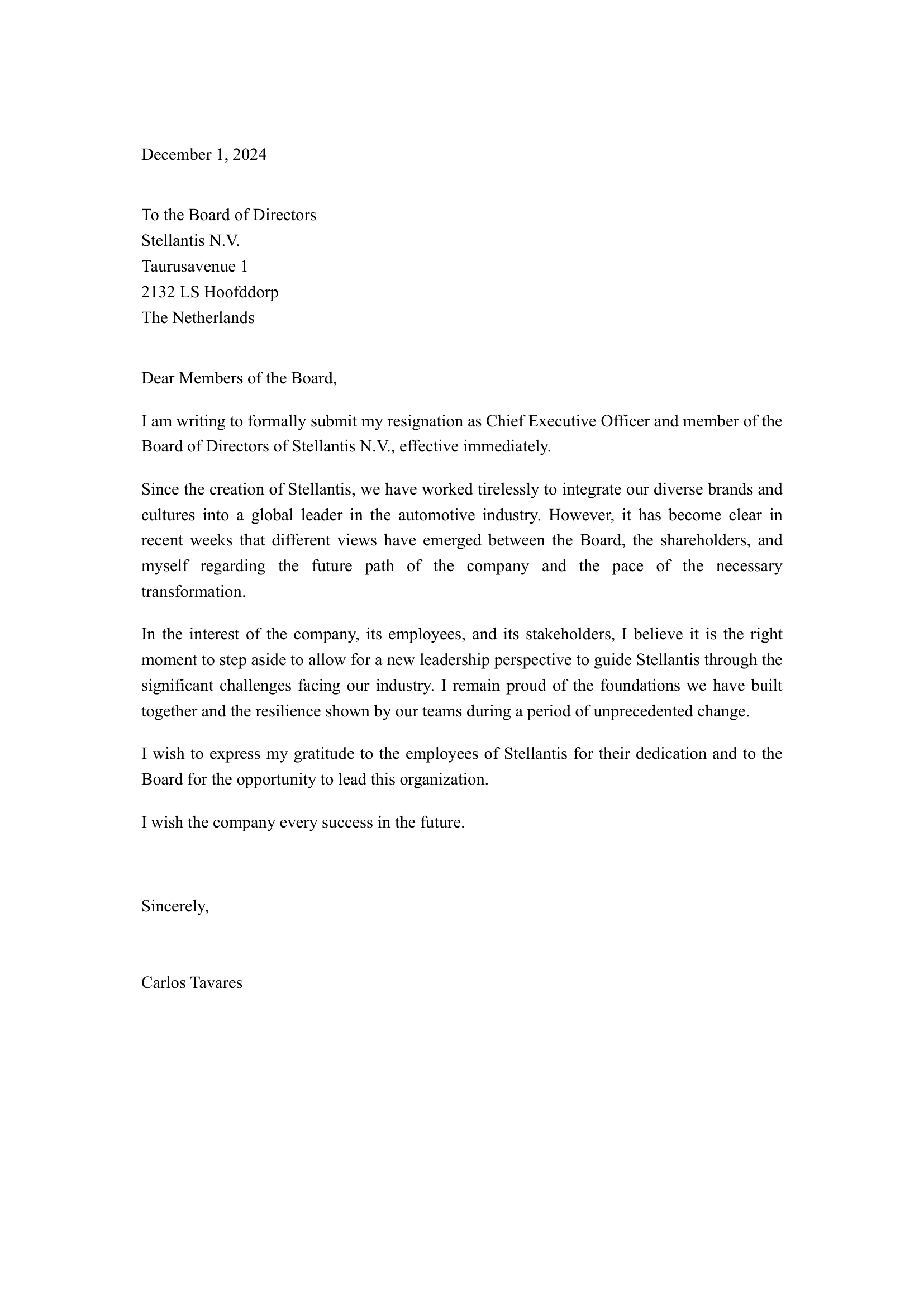 Carlos Tavares Resignation Letter from Stellantis - Free AI Resignation Letter Generator, 50+ Real Resignation Letter Examples