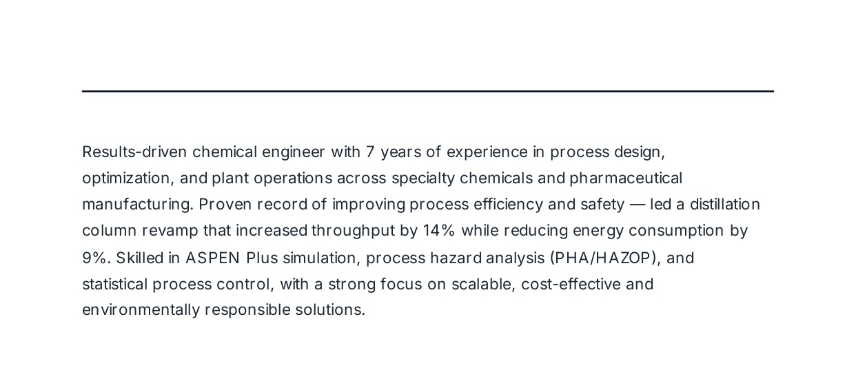 Chemical Engineer Resume Summary - Free AI Resume Summary Generator, 50+ Real Resume Summary Examples