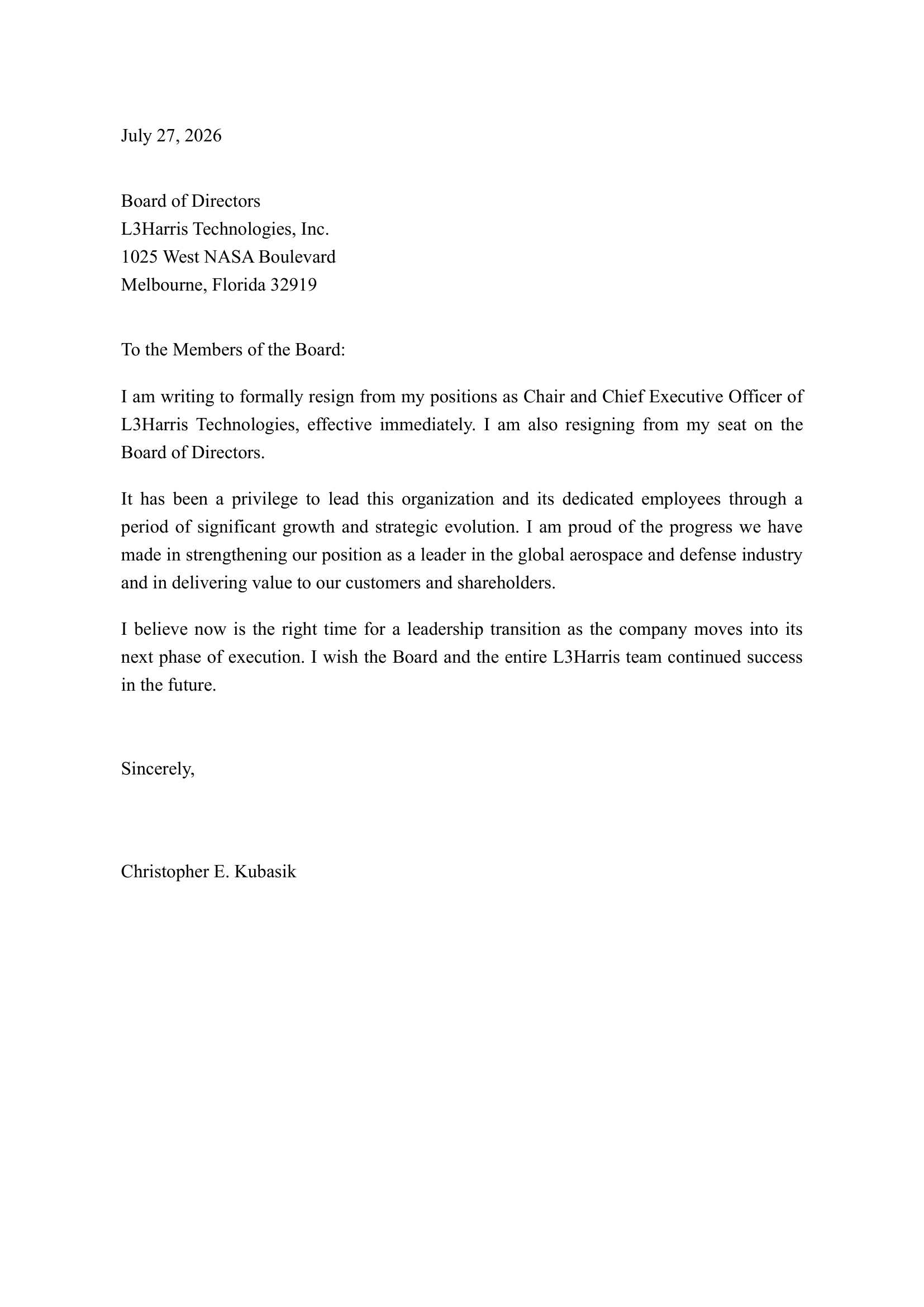 Christopher Kubasik Resignation from L3Harris Technologies - Free AI Resignation Letter Generator, 50+ Real Resignation Letter Examples