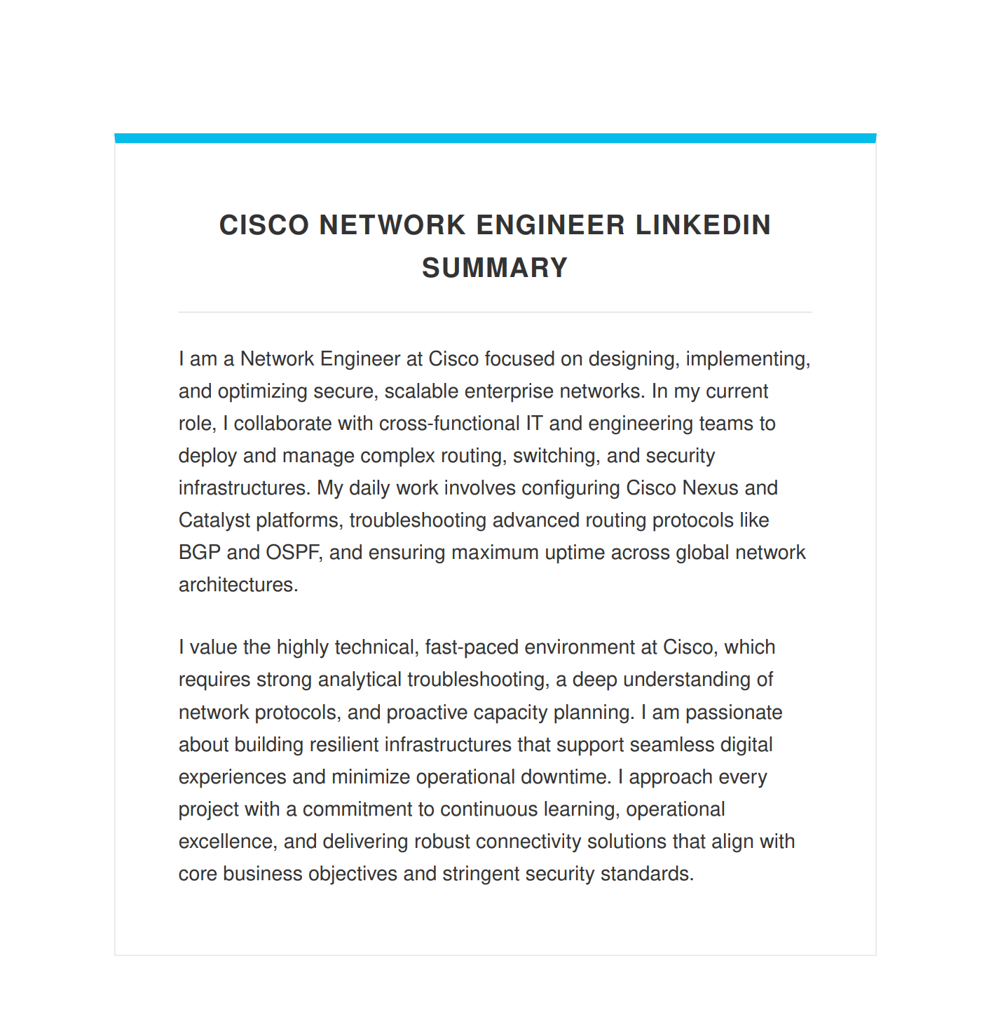 Cisco Network Engineer LinkedIn Summary - Free AI LinkedIn Summary Generator, 50+ Real LinkedIn Summary Examples