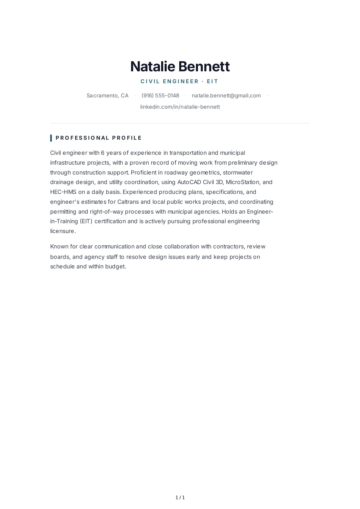 Civil Engineer Resume Profile - Free AI Resume Profile Generator, 50+ Real Resume Profile Examples