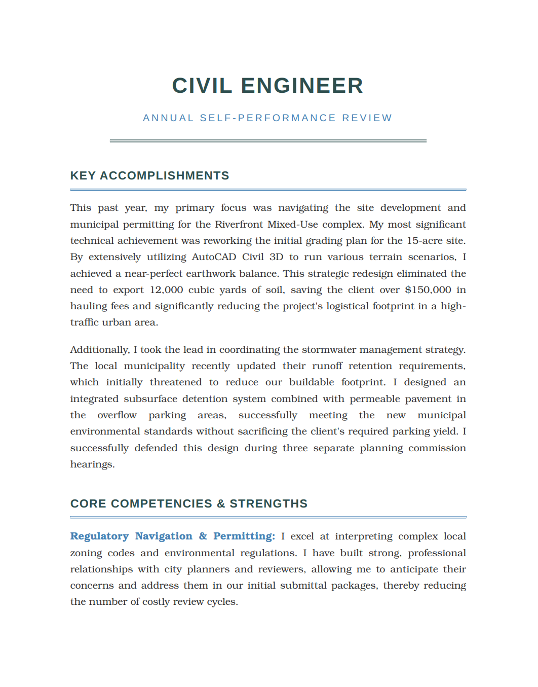 Civil Engineer Self Performance Review - Free AI Self Performance Review Generator, 50+ Real Self Performance Review Examples