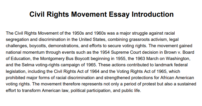 Civil Rights Movement Essay Introduction - Free AI Essay Introduction Generator, 50+ Real Essay Introduction Examples