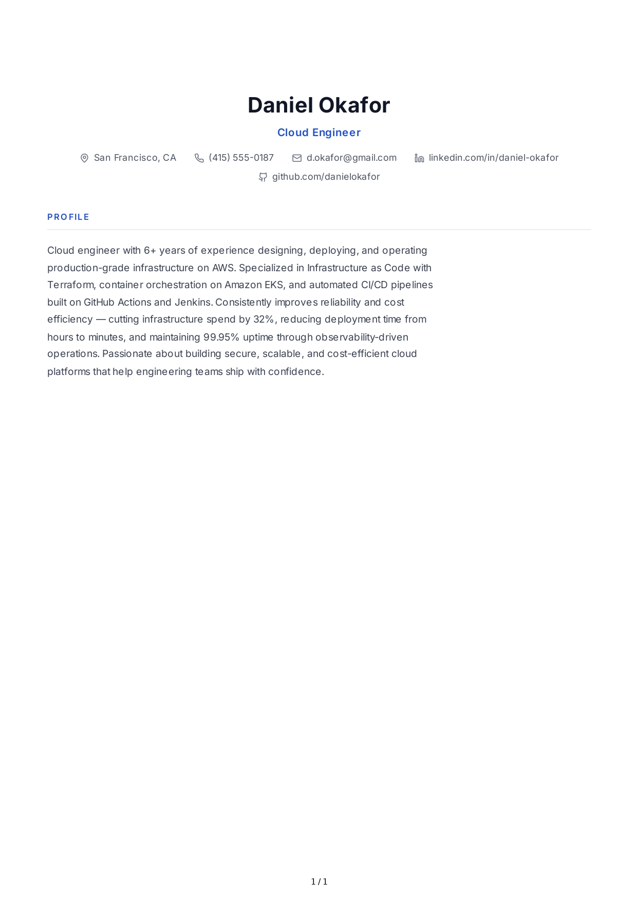 Cloud Engineer Resume Profile - Free AI Resume Profile Generator, 50+ Real Resume Profile Examples