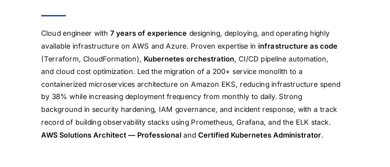 Cloud Engineer Resume Summary - Free AI Resume Summary Generator, 50+ Real Resume Summary Examples