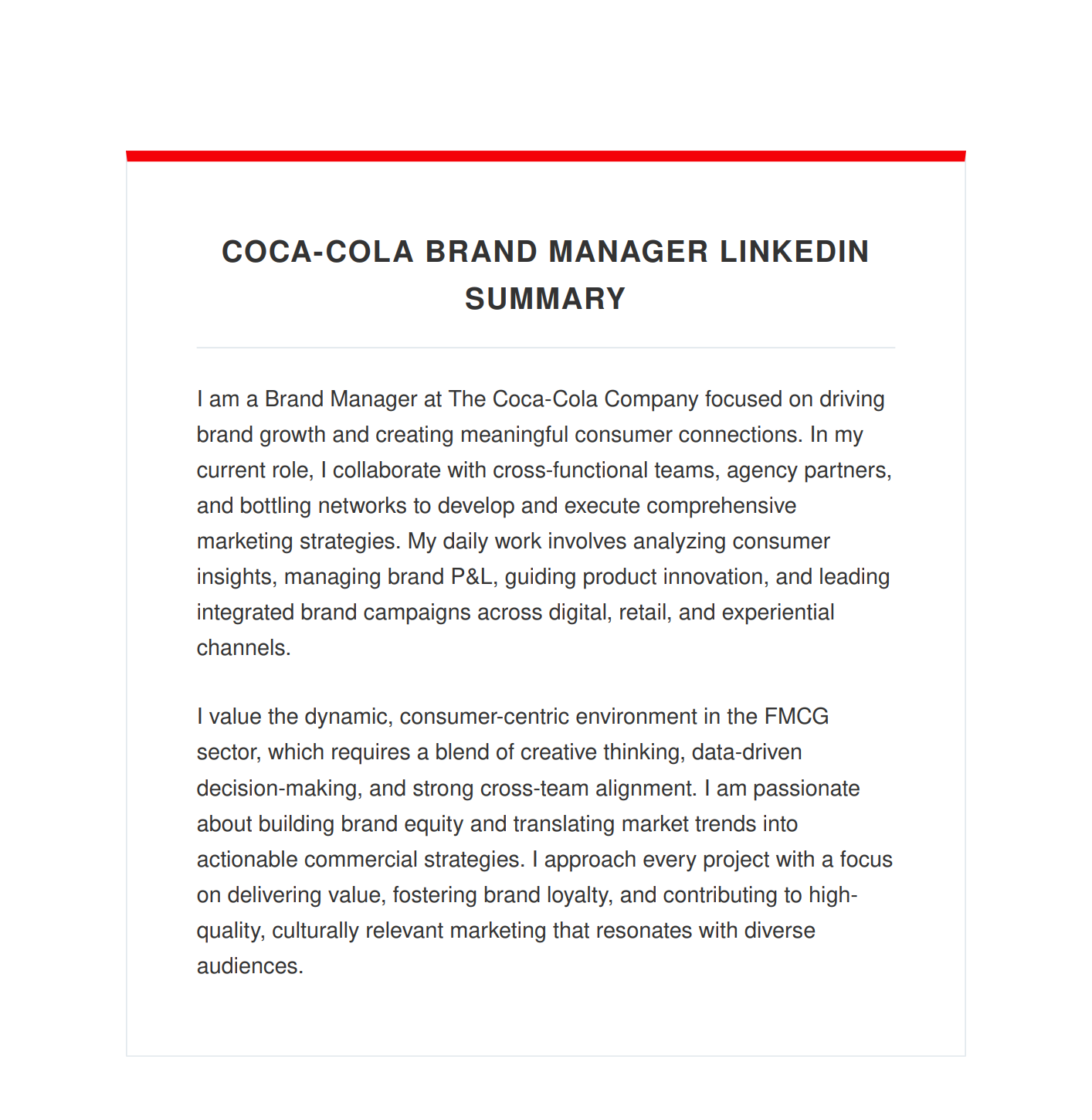 Coca-Cola Brand Manager LinkedIn Summary - Free AI LinkedIn Summary Generator, 50+ Real LinkedIn Summary Examples