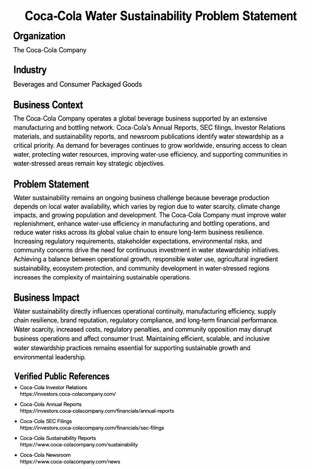Coca-Cola Water Sustainability Problem Statement - Free AI Problem Statement Generator, 50+Real Problem Statement Examples