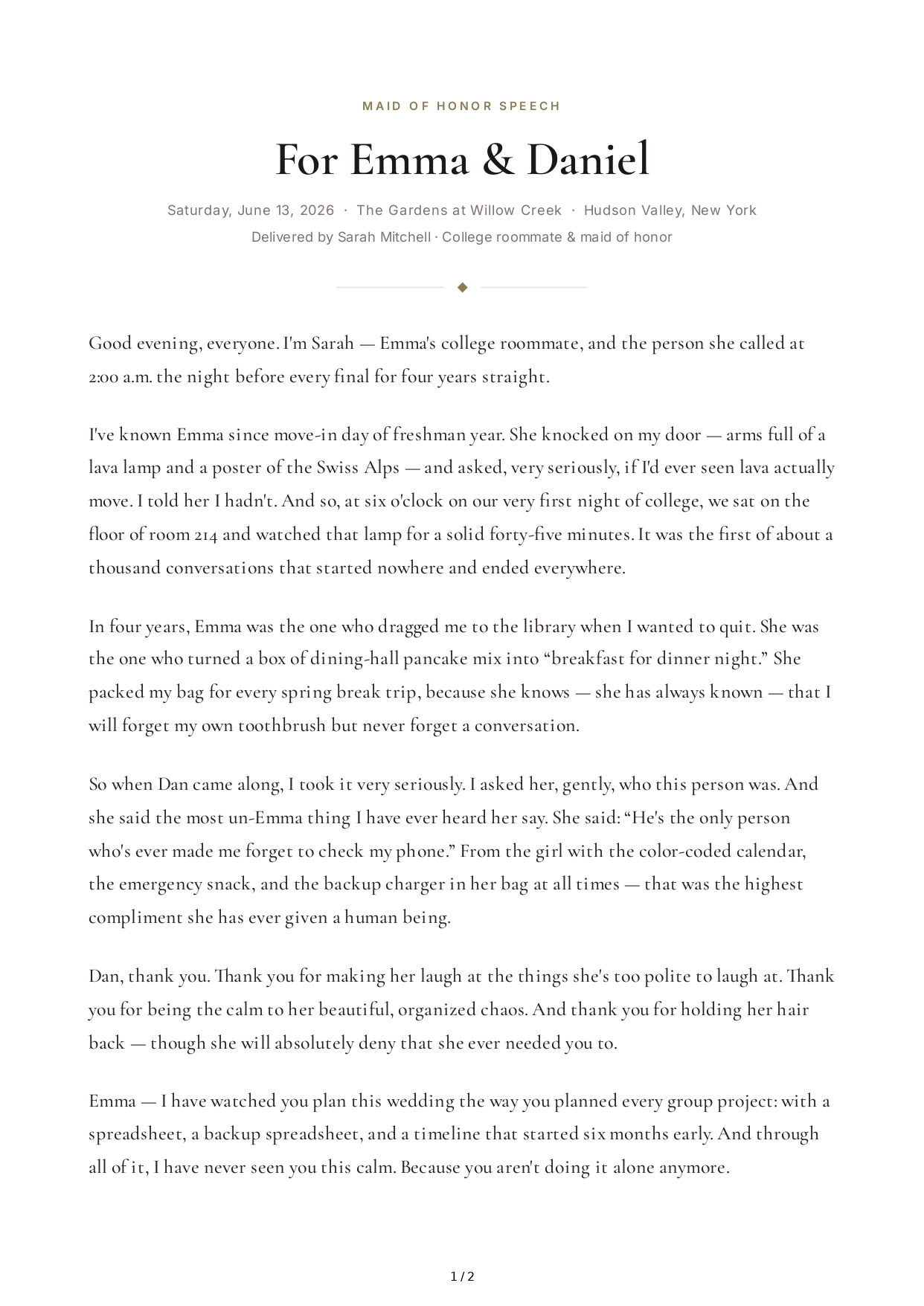 College Friend Maid of Honor Speech - Free AI Maid of Honor Speech Generator, 50+ Real Maid of Honor Speech Examples
