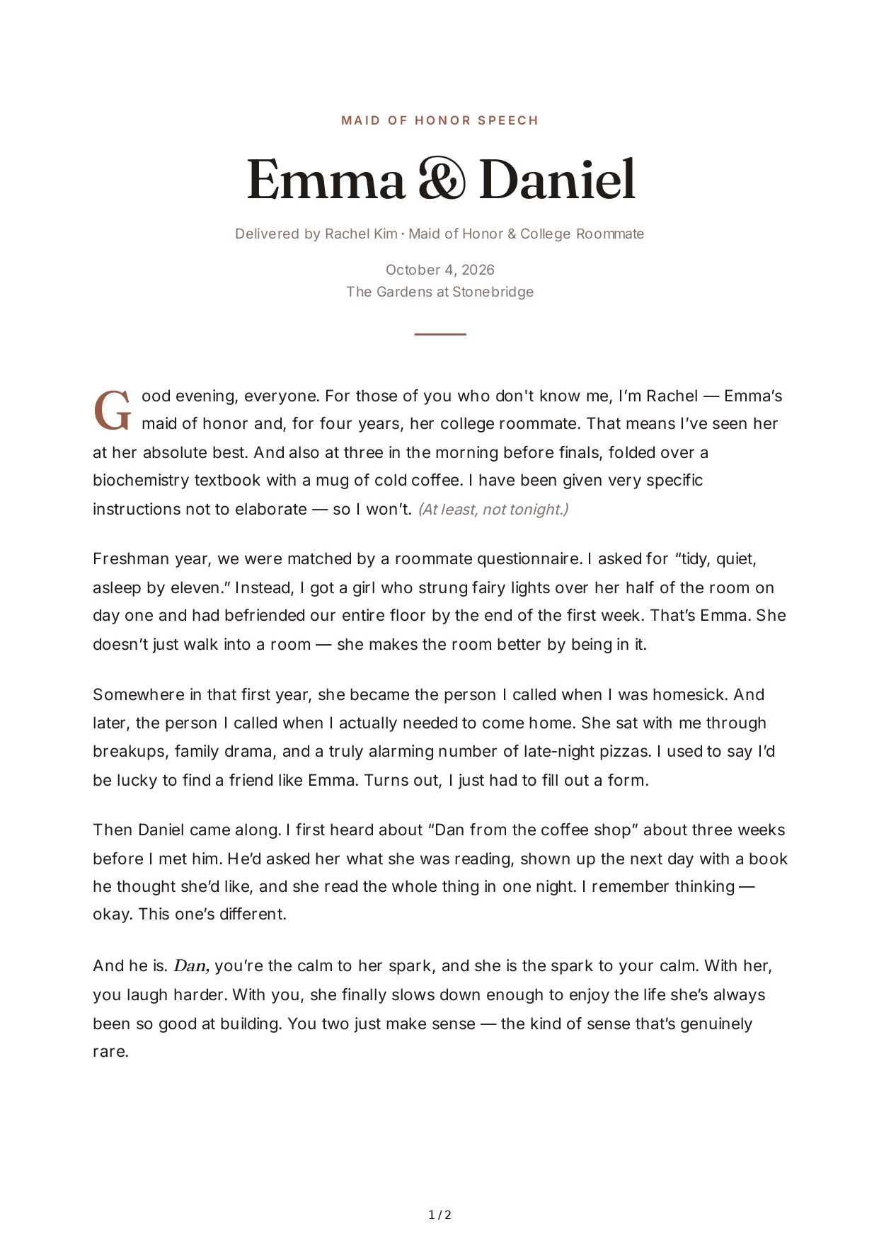 College Roommate Maid of Honor Speech - Free AI Maid of Honor Speech Generator, 50+ Real Maid of Honor Speech Examples