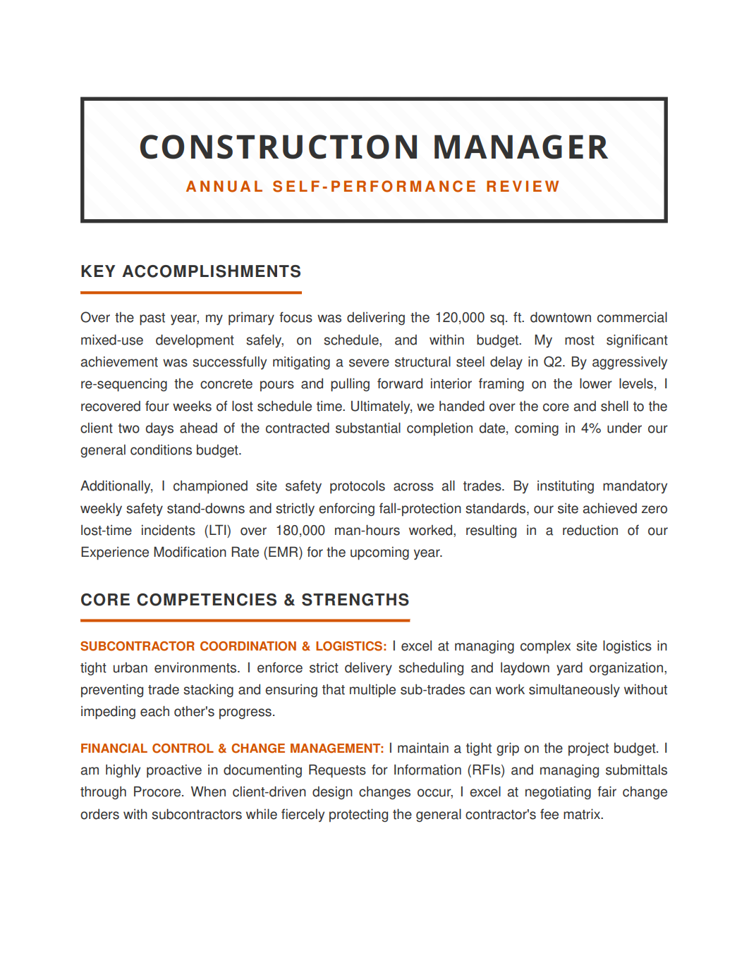 Construction Manager Self Performance Review - Free AI Self Performance Review Generator, 50+ Real Self Performance Review Examples