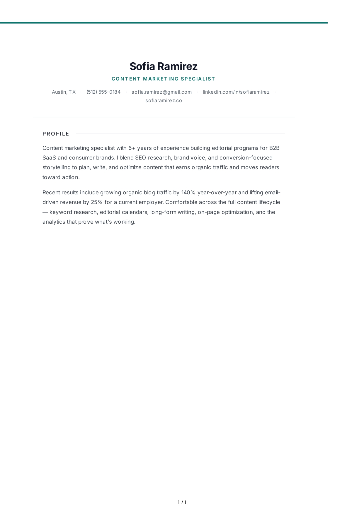 Content Marketing Specialist Resume Profile - Free AI Resume Profile Generator, 50+ Real Resume Profile Examples