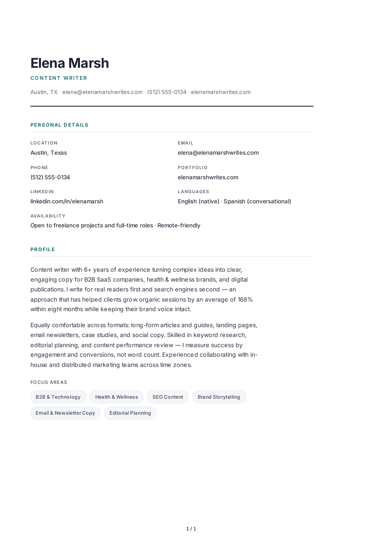 Content Writer Resume Profile - Free AI Resume Profile Generator, 50+ Real Resume Profile Examples